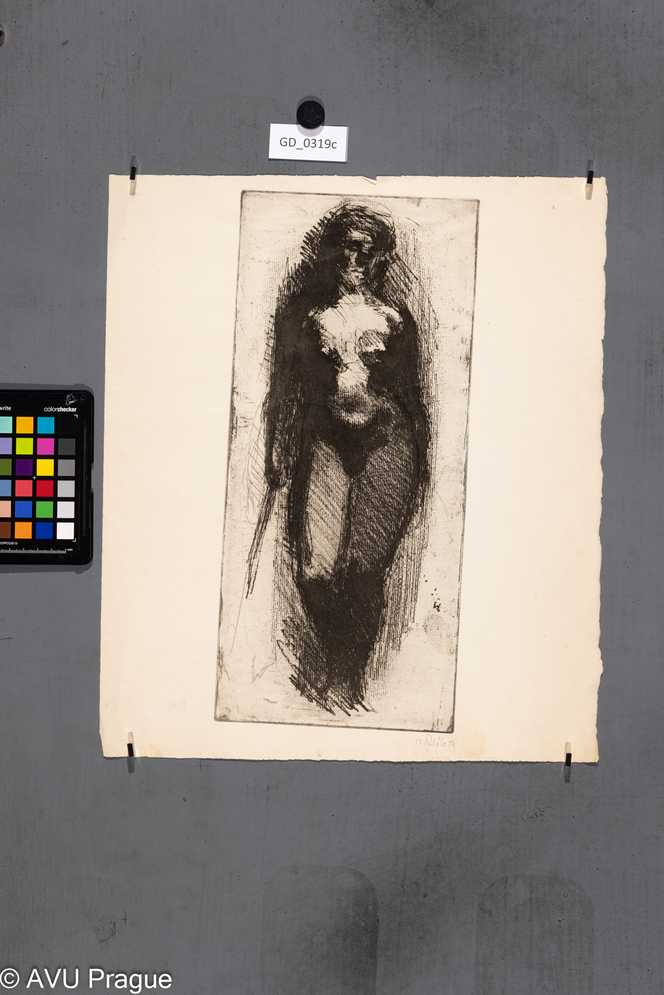 Karel Paták, Velký ženský akt,1954, Lept / Měkký kryt, 38,8 x 17,5 , 41,6 x 35,5, Pukl, - 2. stav