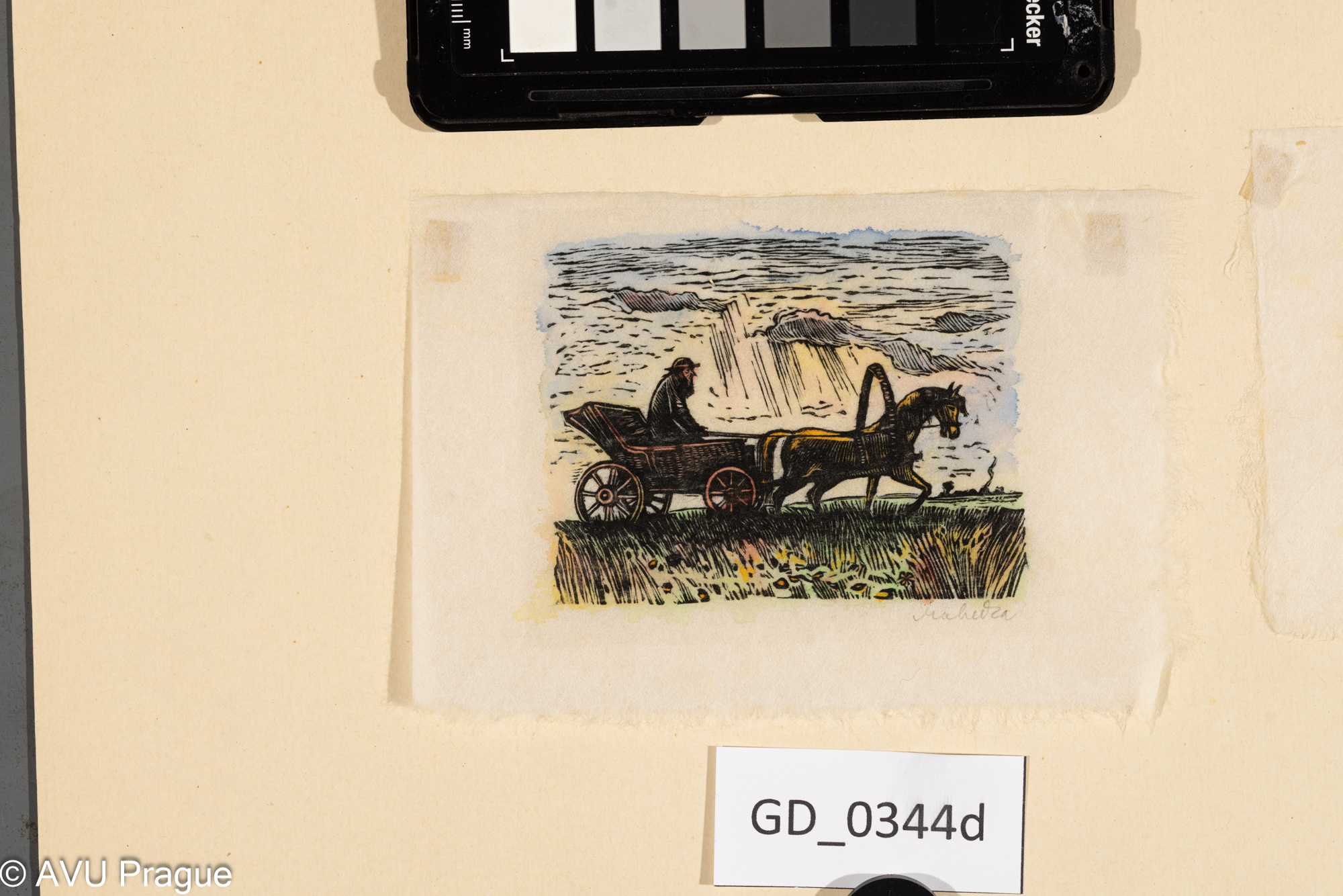 Zděněk Majzner, Ilustrace - lidové motivy, 1954, Dřevoryt /kolorováno, 8 x 9,5, 9,3 x 13,3, Puklspolečná pasparta