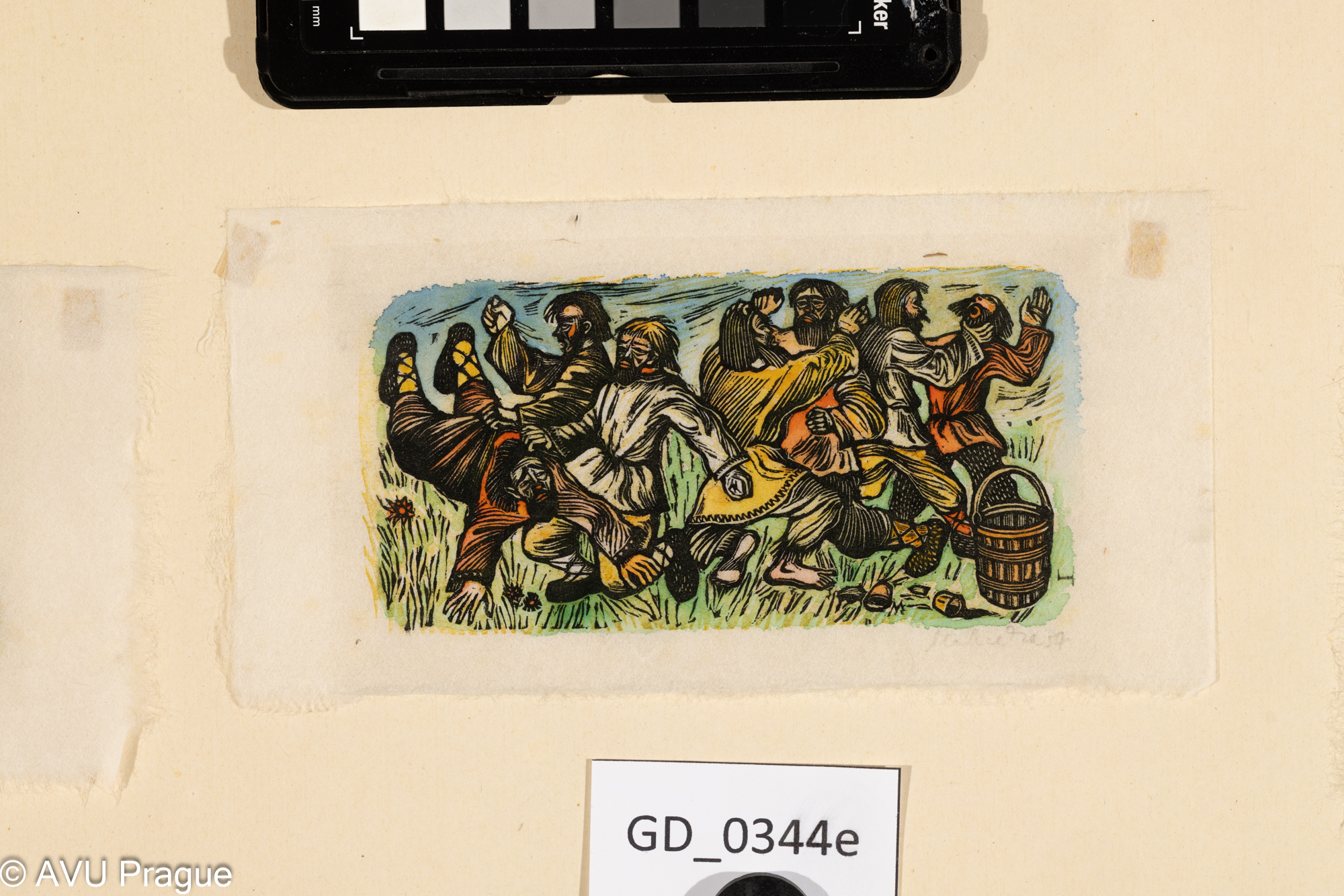 Zděněk Majzner, Ilustrace - lidové motivy, 1954, Dřevoryt /kolorováno, 8 x 14, 8,8 x 17,5,Pukl, společná pasparta