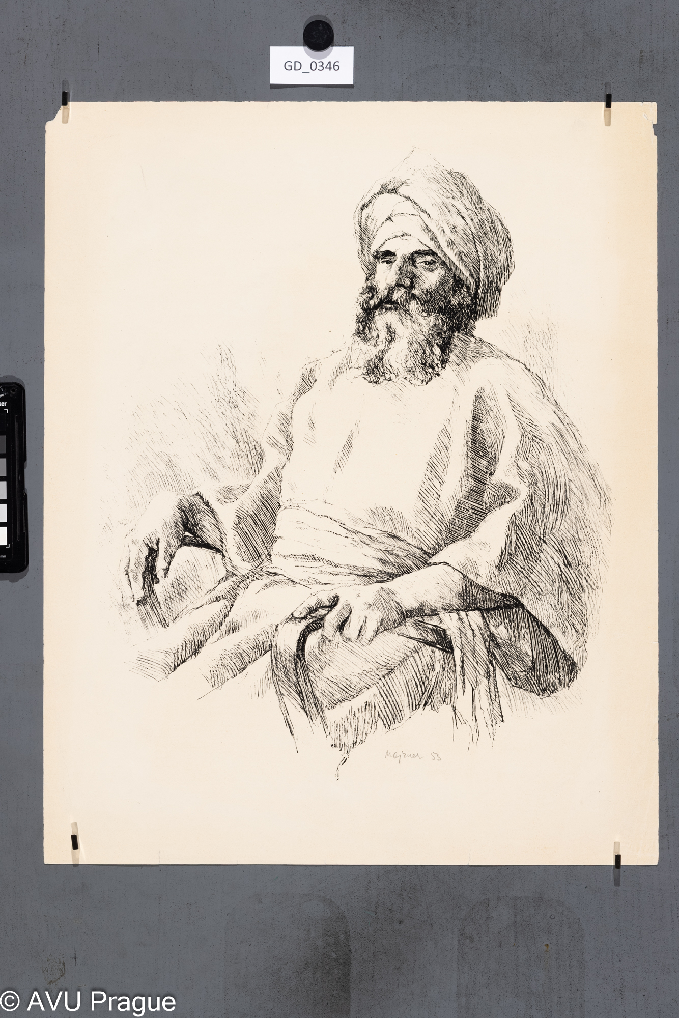 Zděněk Majzner, Model v orientálním oděvu, 1953,Litografie - škábaná, 50 x 40,5,Pukl