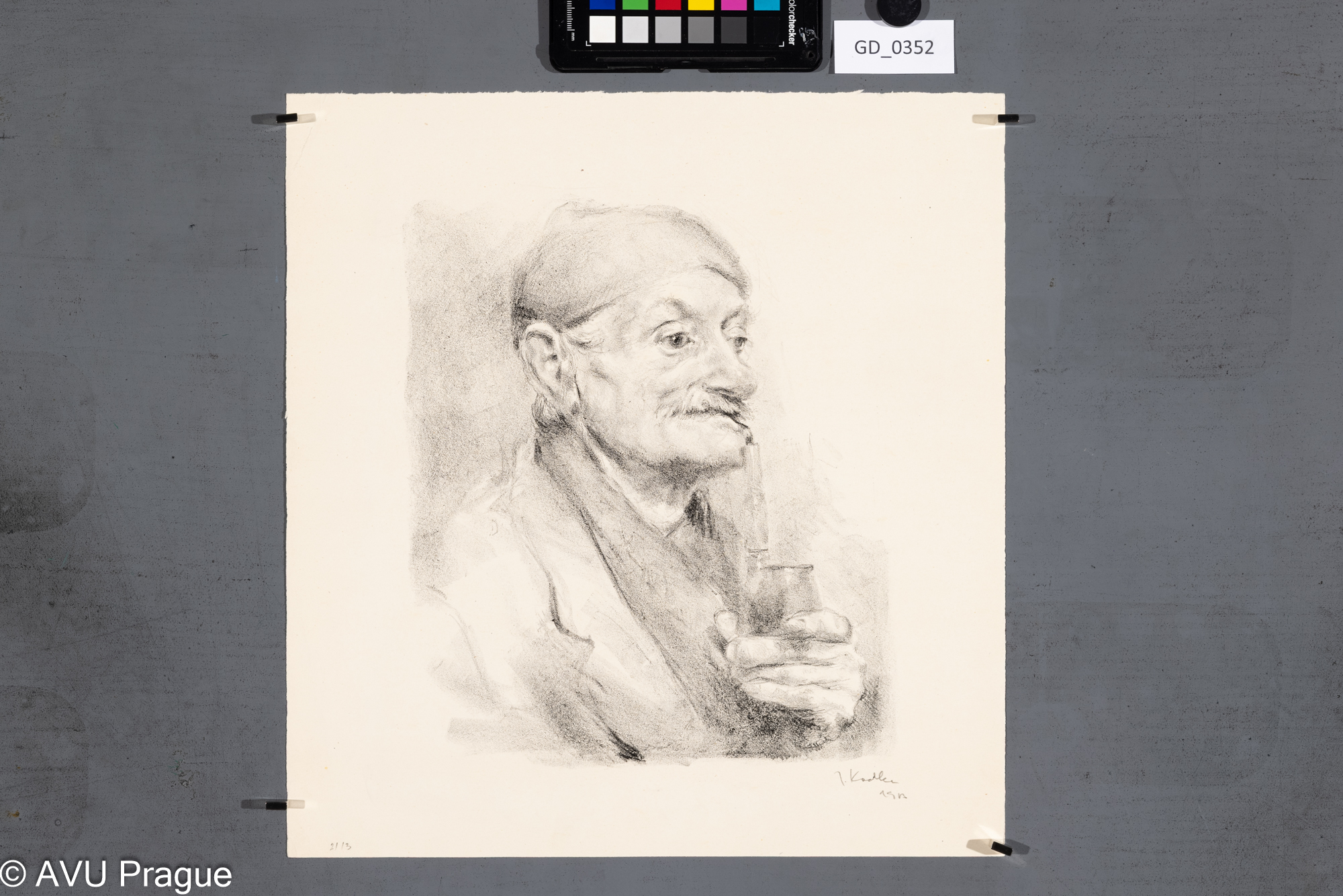 Jaroslav Kadlec,Model s dýmkou u úst, 1953?, Litografie, 27 x 22, 35 x 33Pukl