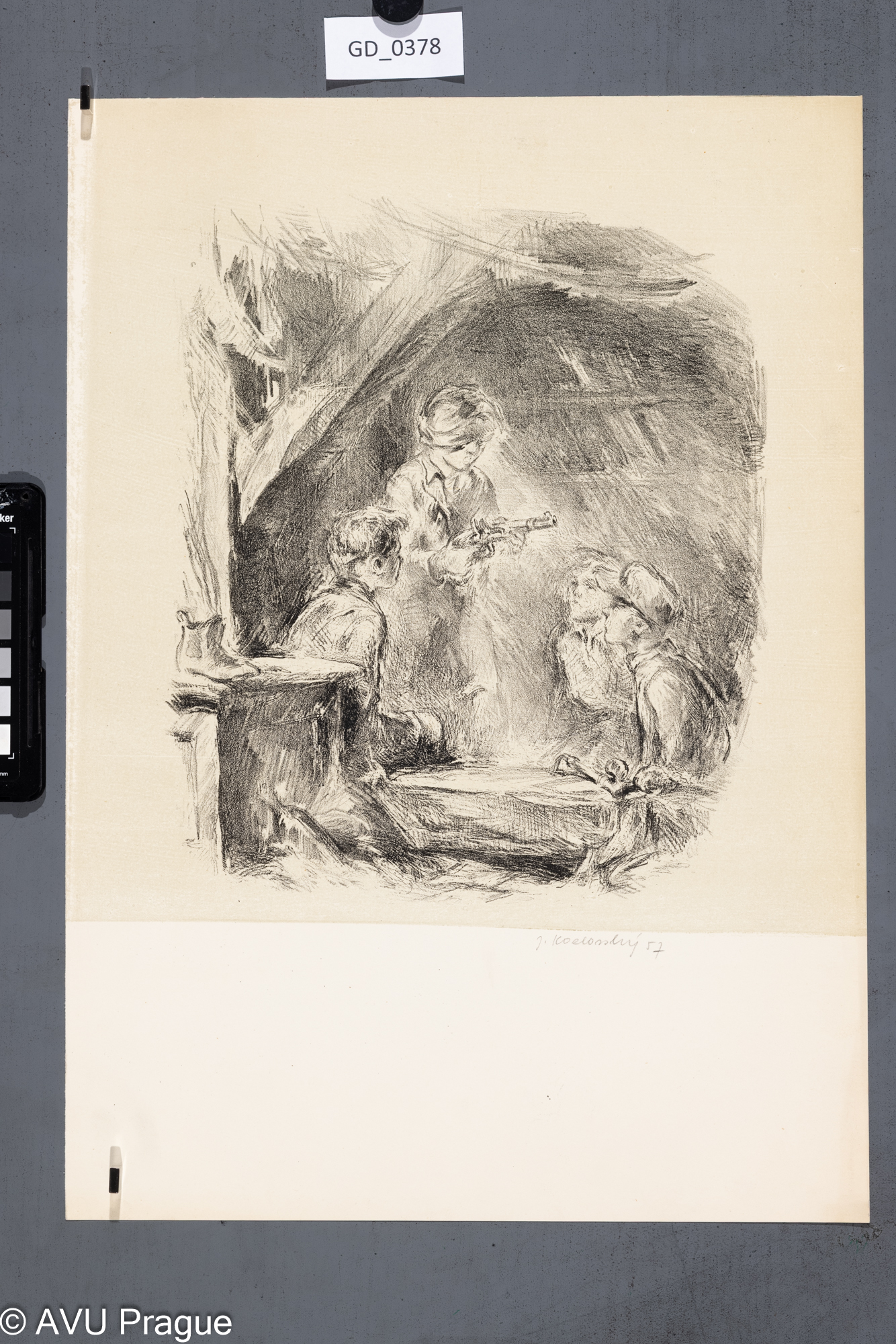 Jiří Kozlovský, Chlapci s puškou,1957, Litografie - podtisk, 32,9 x 31,4, 44 x 31,4Pukl