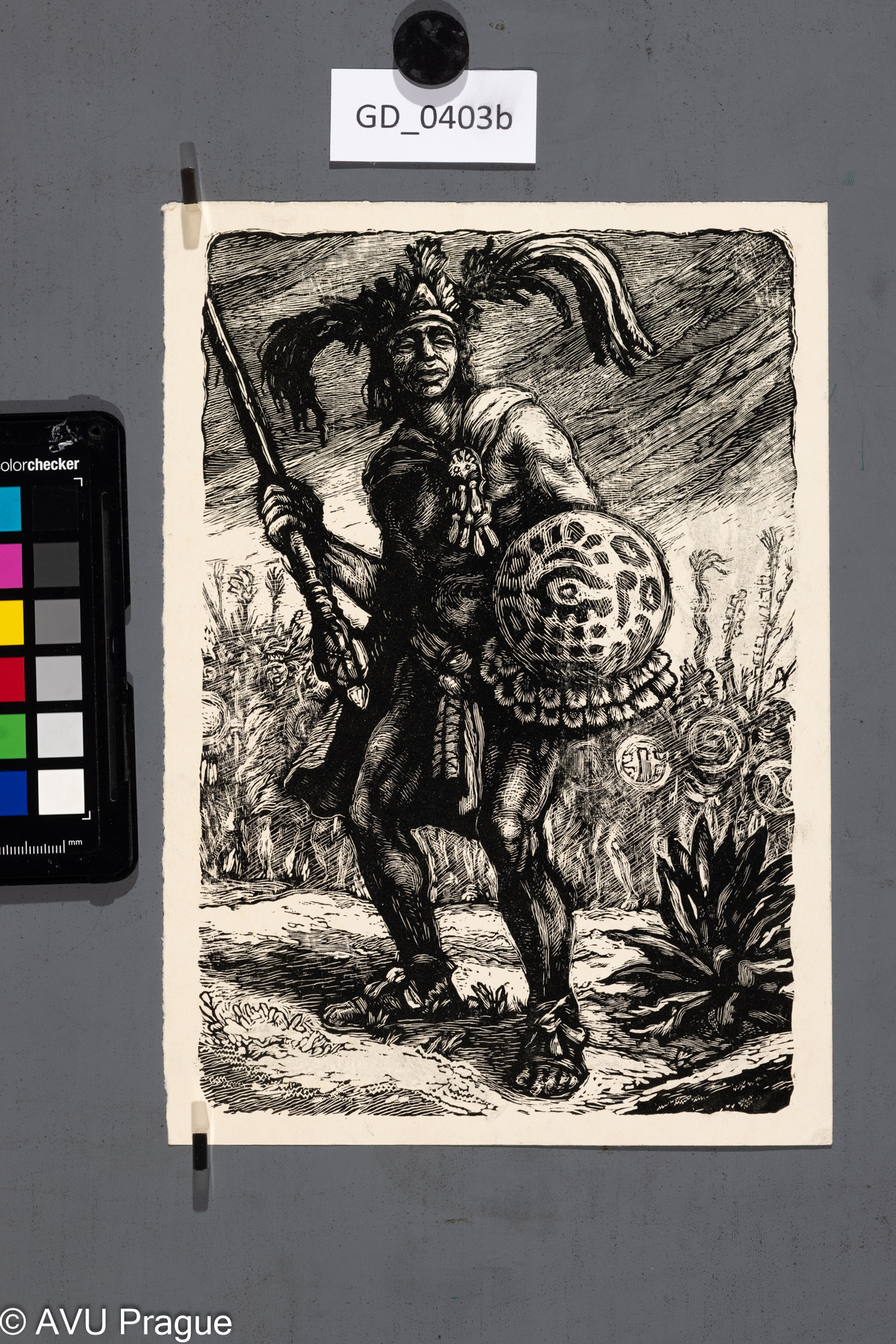 Neurčen, Ilustrace - Indiánský válečník, Dřevoryt, 23,5 x 15,7 ,29,1 x 17,7 , Silovský ?
na zadní straně motiv jako GD_0404