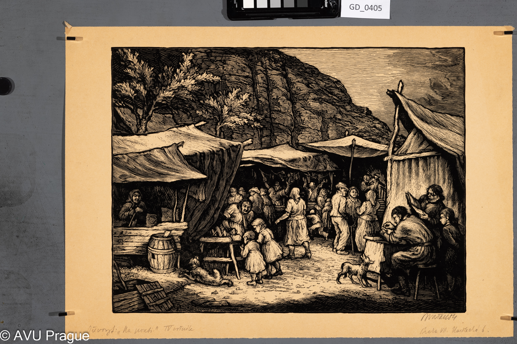 Mařan ?, Na pouti, 1954,Dřevoryt , 29,7 x 39,7, 34,9 x 50,2Silovský ?