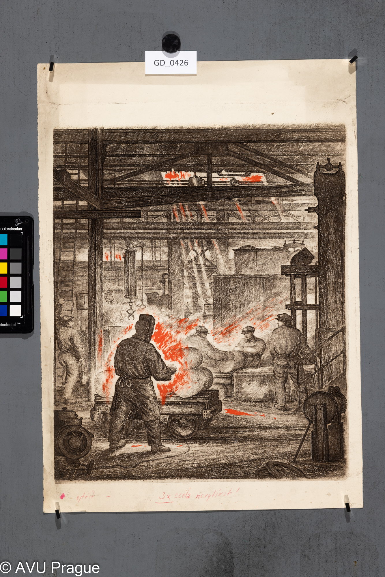 Neurčen, V továrně, Lept / kolorováno, 38 x 31,3, 37,8 x 33,9