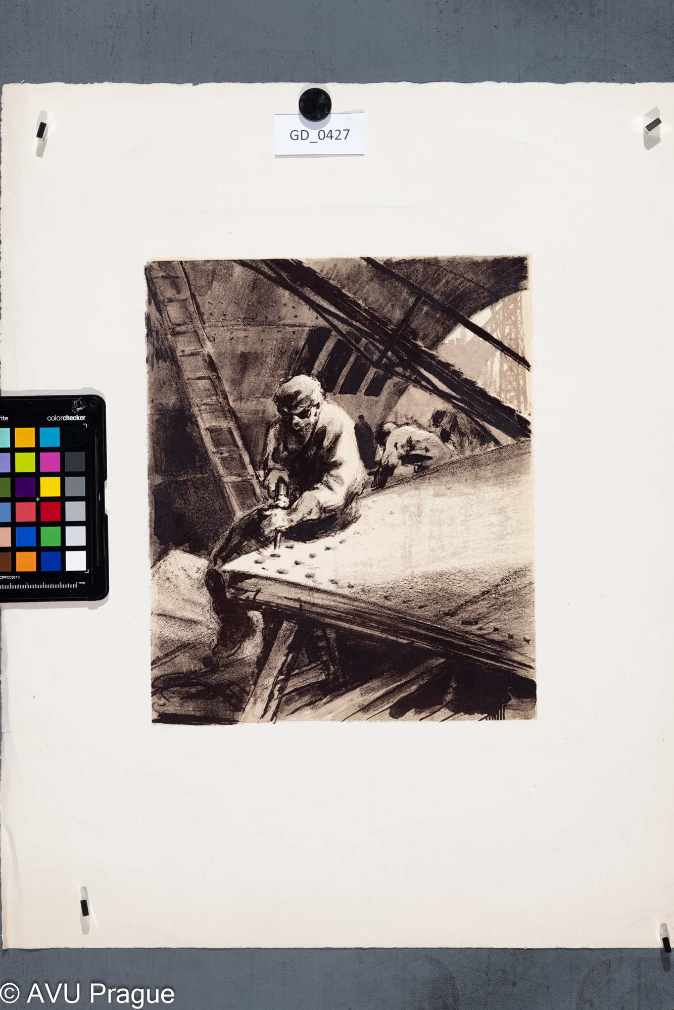 Neurčen, Dělnici - nýtaři,Dvoubarevná litografie, 28,8 x 23,2, 52,3 x 41,9