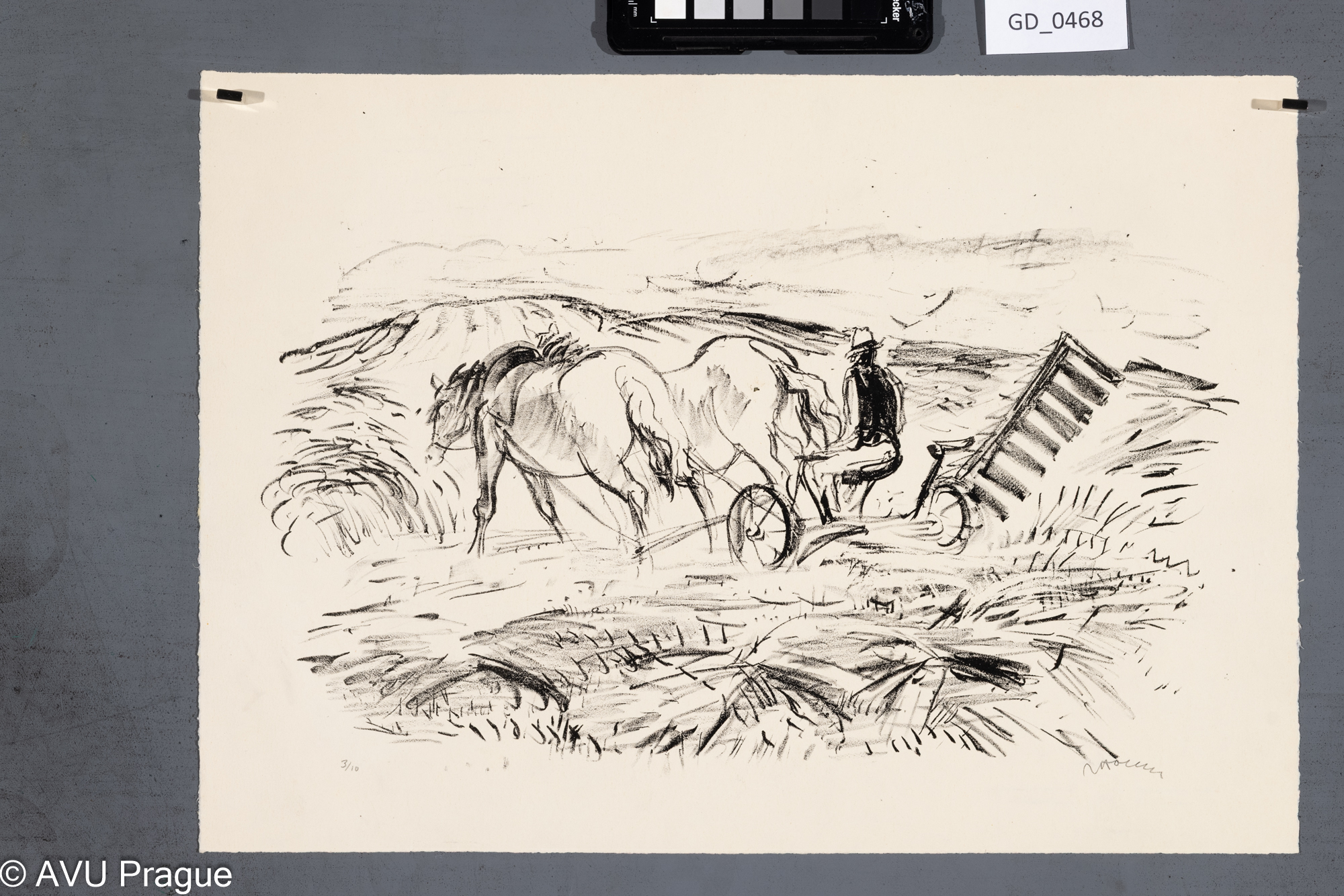 Nezjišten, Orání, Litografie,21 x 37, 30 x 42,2