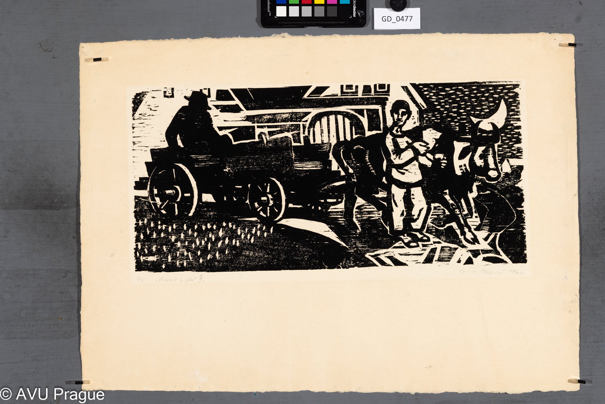 Jiří Mareš, Návrat z pole II.,1960, Dřevořez, 22 x 46 ,5, 42,4 x 59, Silovský