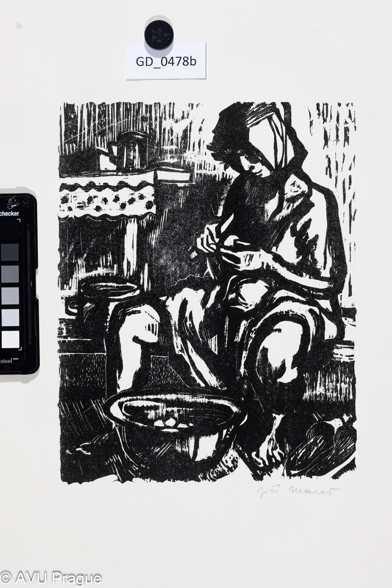 Jiří Mareš, Loupání brambor,Dřevořez, 26 x 20,5 , 62, 5 x  45,8,Silovský