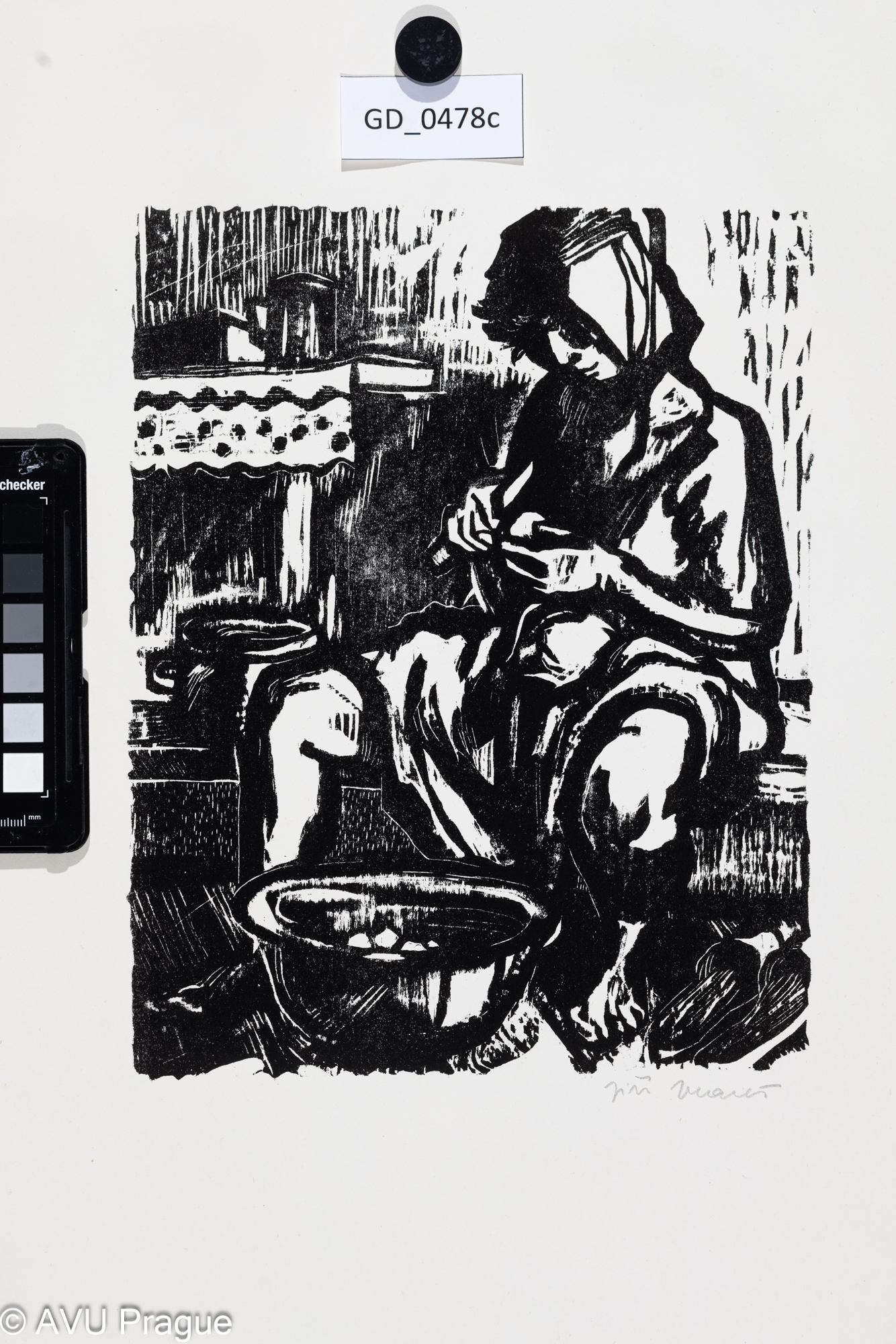 Jiří Mareš, Loupání brambor,Dřevořez, 26 x 20,5 , 62x 45,9Silovský