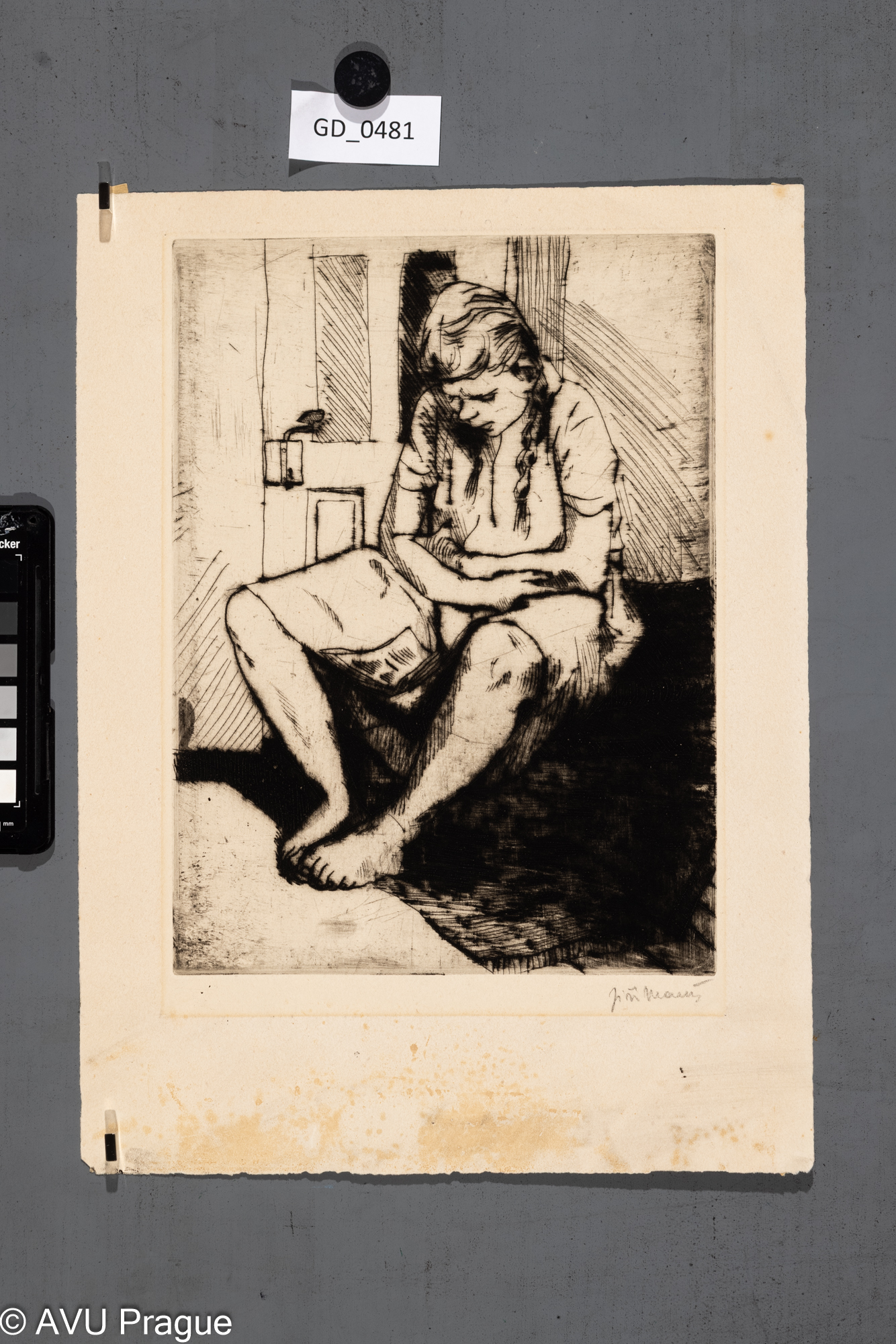 Jiří Mareš , Sedící dívka,Suchá jehla, 28,2 x 20, 35,4 x 26,2, Silovský