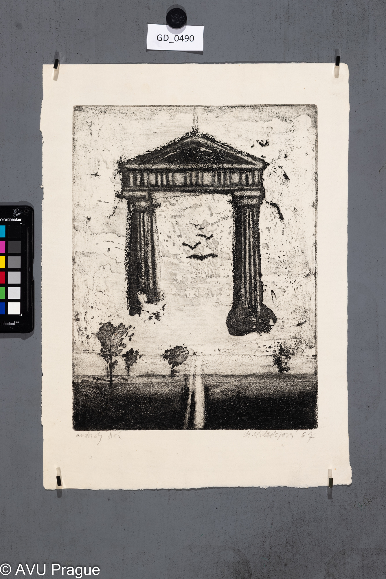 Milena Šoltészová, Antický chrám nad krajinou - ilustrace ?,1967,Akvatinta, 32 x 24, 41,5 x 30,Pelc