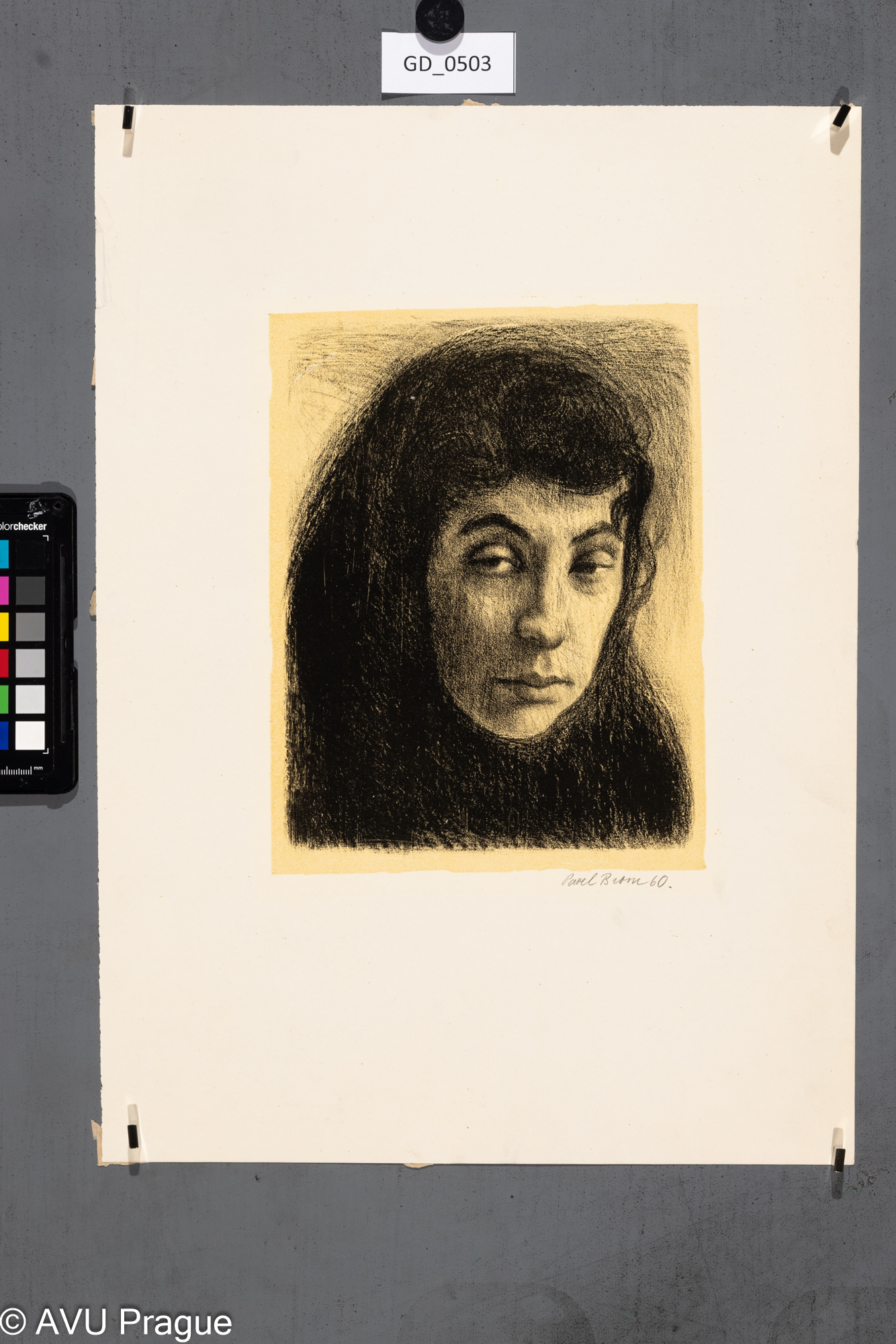 Pavel Brom, Hlava ženy s šátkem ( Drahotová?), 1960, Litografie - podtisk, 23,3 x 18, 44 x 31,5,Pelc