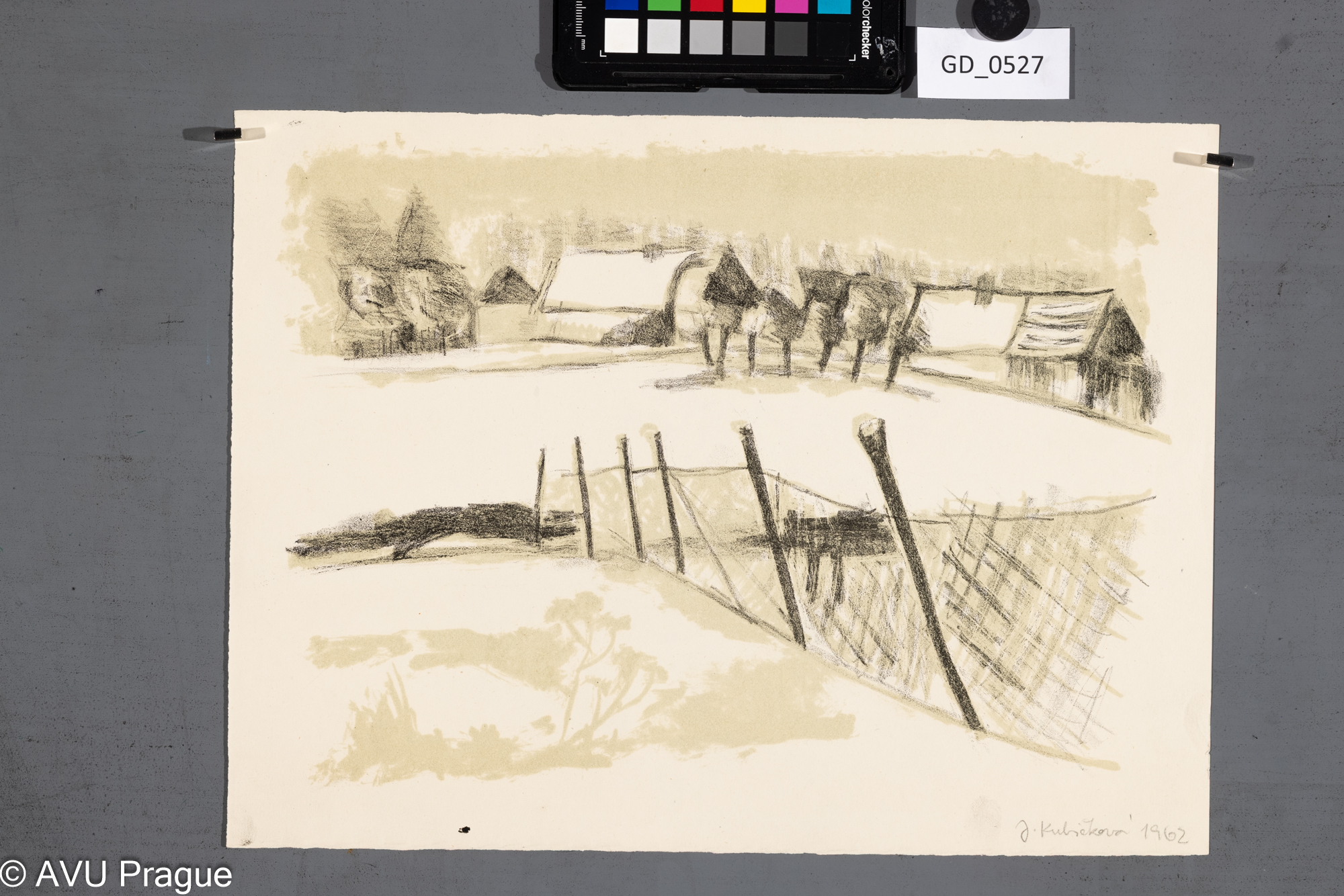 Jarmila Kubíčková, Krajina s vesnicí, 1962, Litografie - dvě barvy, 23 x 31, 26,2 x 35,1,Jiroudek