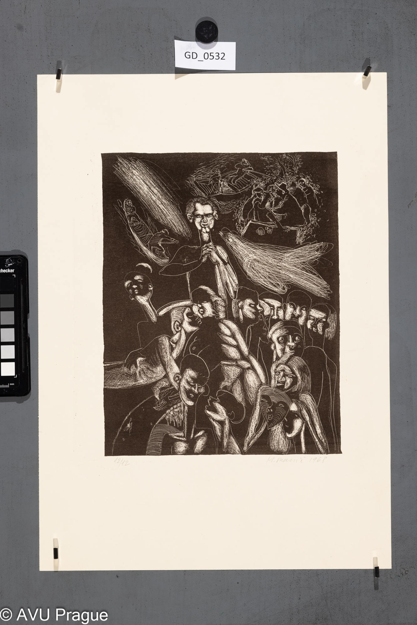 M. Manič, Ilustrace s figurami a loděmi, 1968, Litografie škrábaná,26,9 x 20,8, 44,2 x 31,1