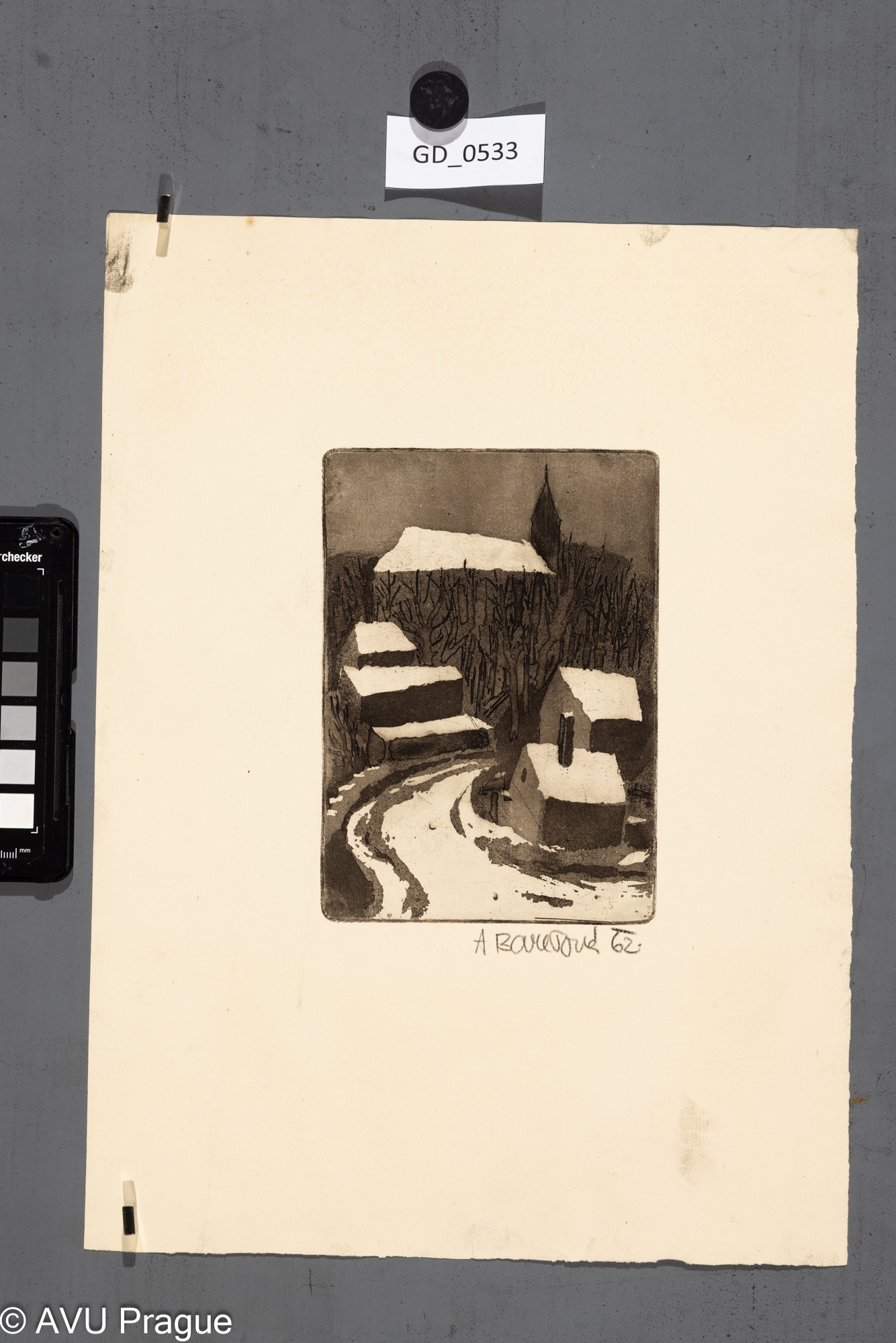 A. Barešová, Vesnička s kostelem na obzoru, 1962, Lept / akvatinta,16,2 x 11,5, 35,5 x 26