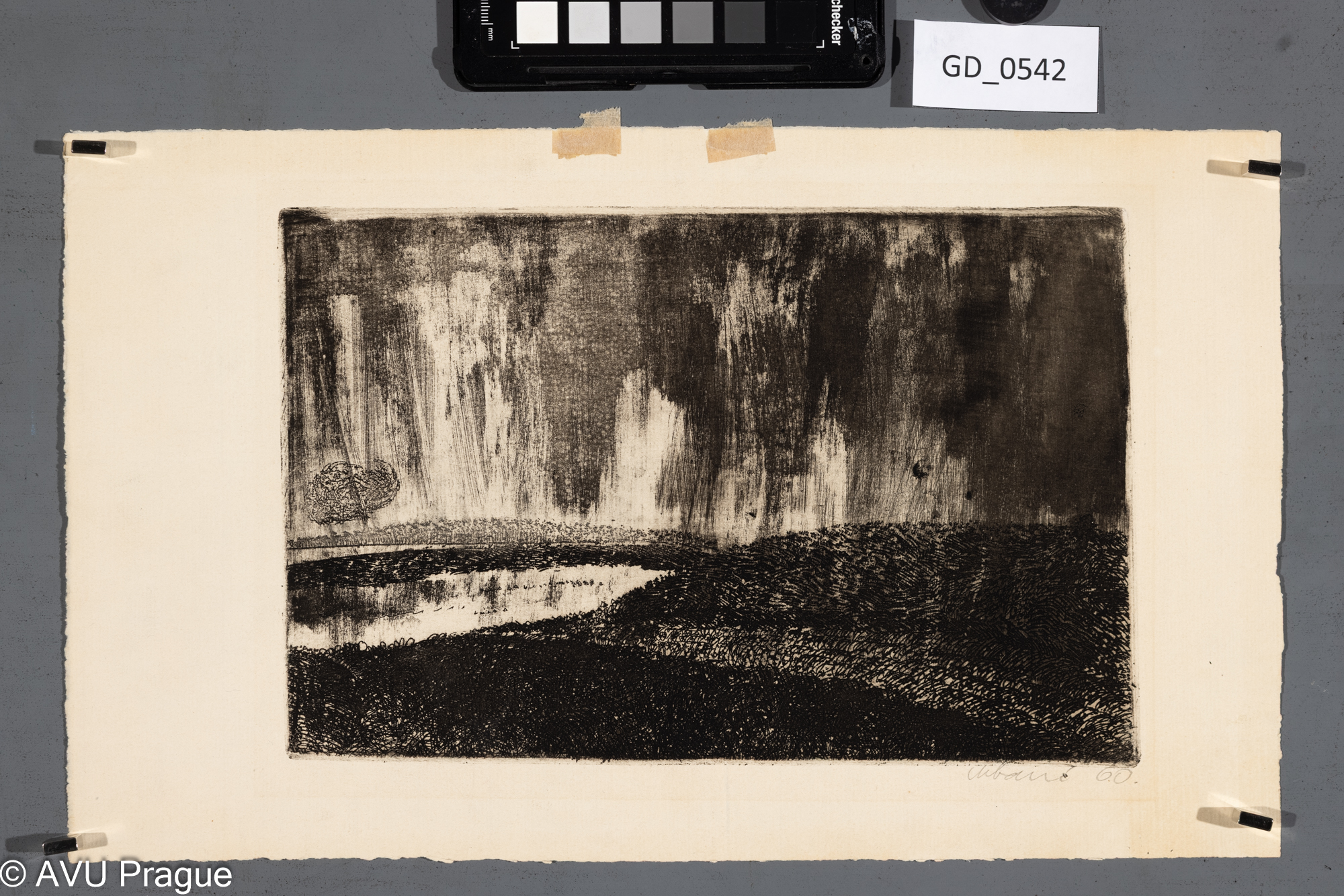 Nezjištěno, Krajina, 1960, Lept / akvatinta, 16 x 24,7, 21,3 x 35