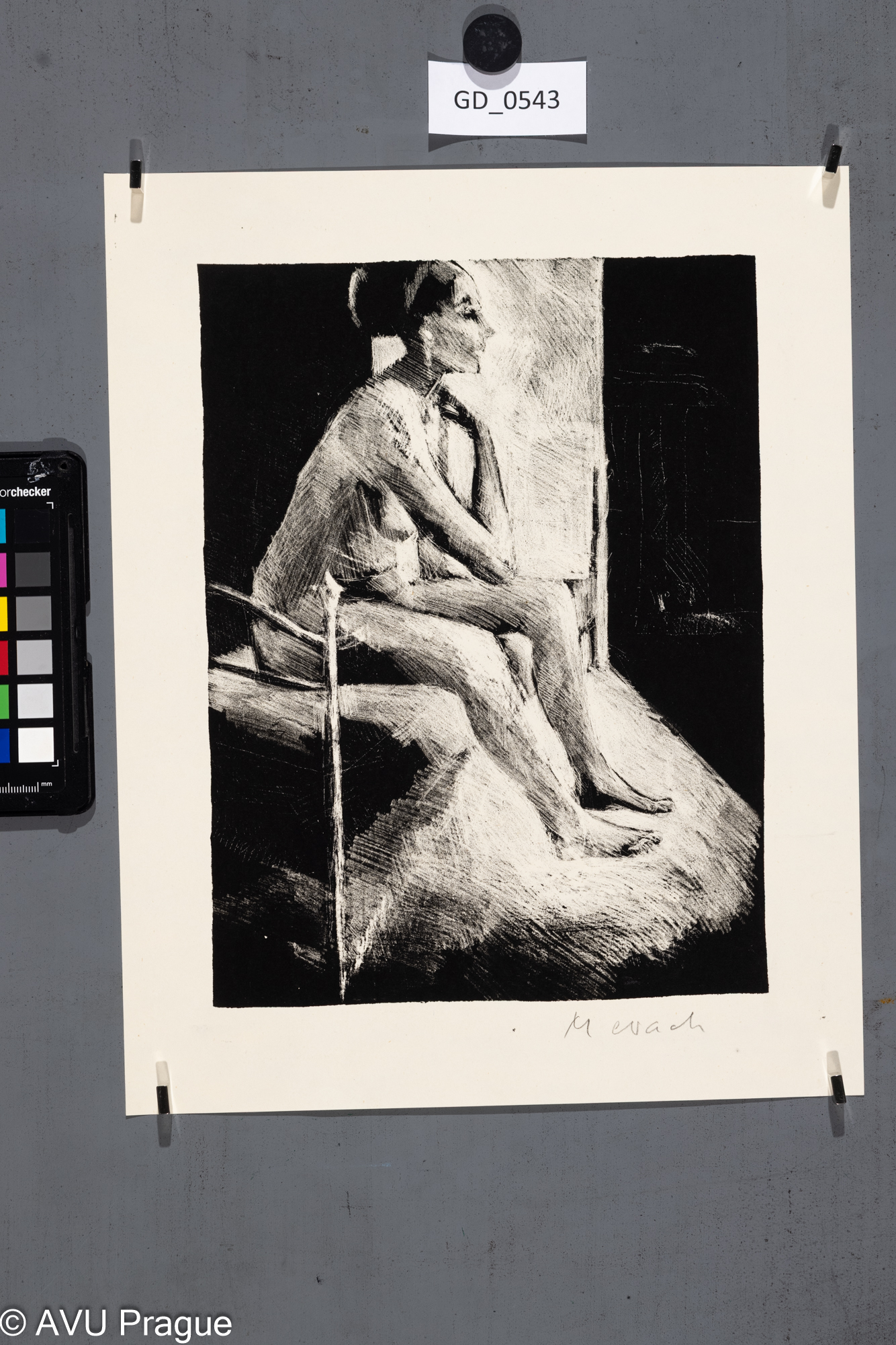 Miloš Cvach, Ženský akt sedící na posteli, 1963 - 1968, Litografie škrábaná, 25 x 19, 32 x 24,3,Lidický