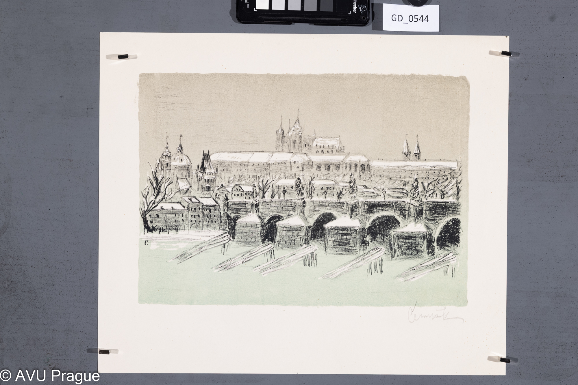 Čermák ?, Pražské panorama s Karlovým mostem, 60. léta,Litografie, podtisk, 21,8 x 30,832 x 38,4