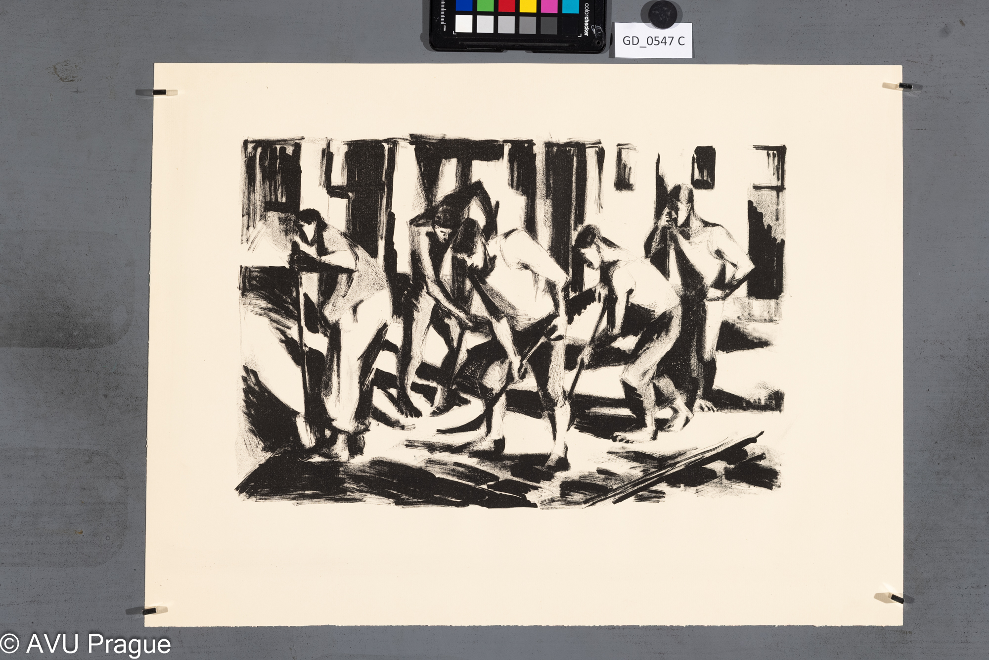 nezjištěno, Úklid ulice - pět figur,60. léta, Litografie, 26 x 38,5,39,6 x 53,6