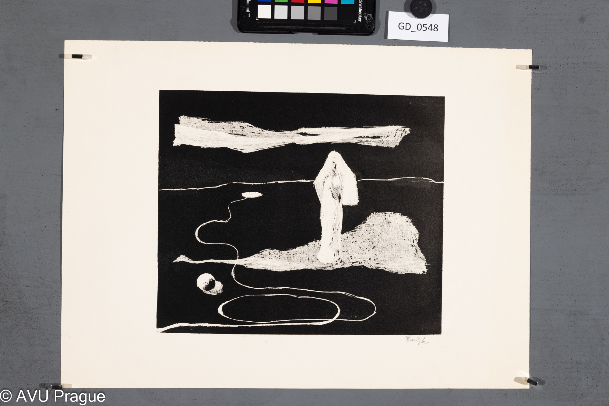 nezjišteno, Kompozice s figurou, 60. léta, Litografie škrábaná, 22 x 25,9, 31 x 42,5