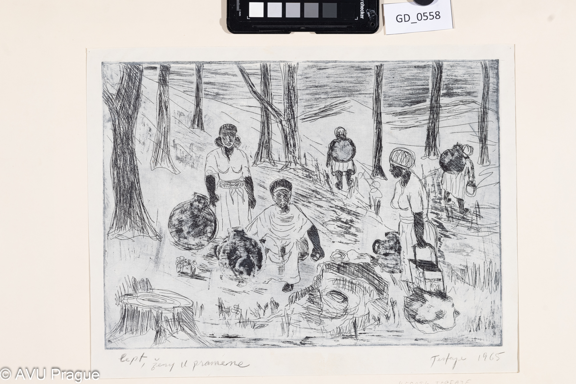 Negatu Tesfaye, Ženy u pramene,1965, Lept , 23,7 x 32,7, 31 x 37,6,Tittelbach