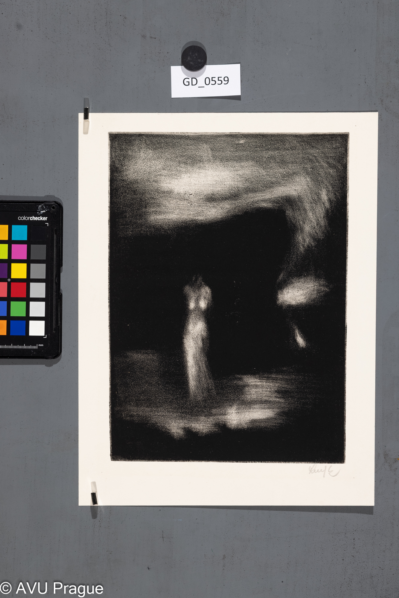 n.z., Ženská postava v krajině,60.léta, Škrábaná akvatinta, 26 x 18,5, 31,1 x 23,4