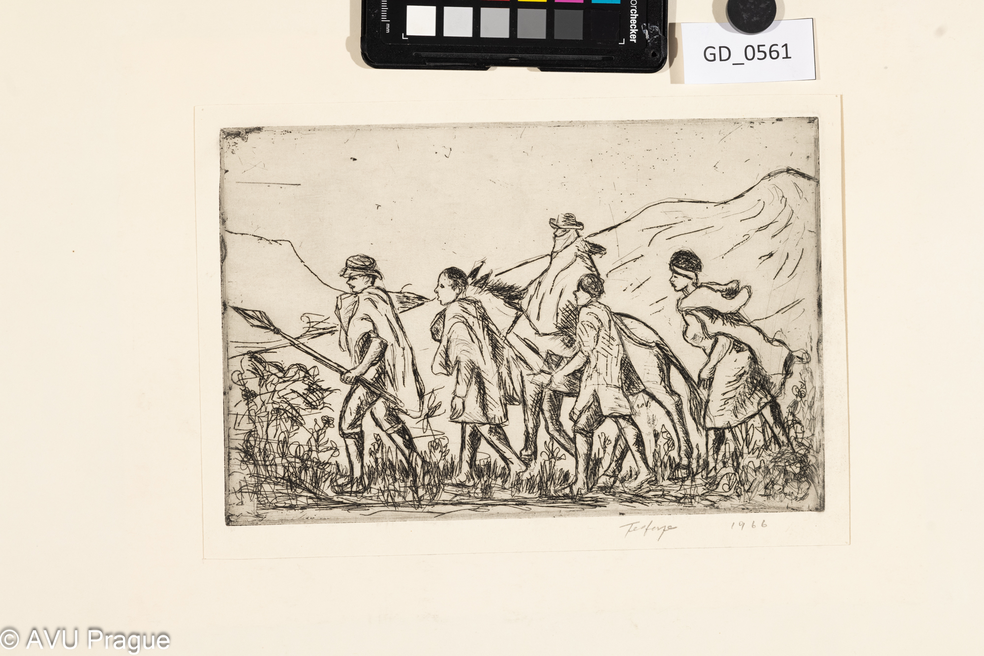 Negatu Tesfaye, Muž s kopím vede výpravu, 1966, Lept, 16,2 x 24,4,24,2 x 28,7, Tittelbach