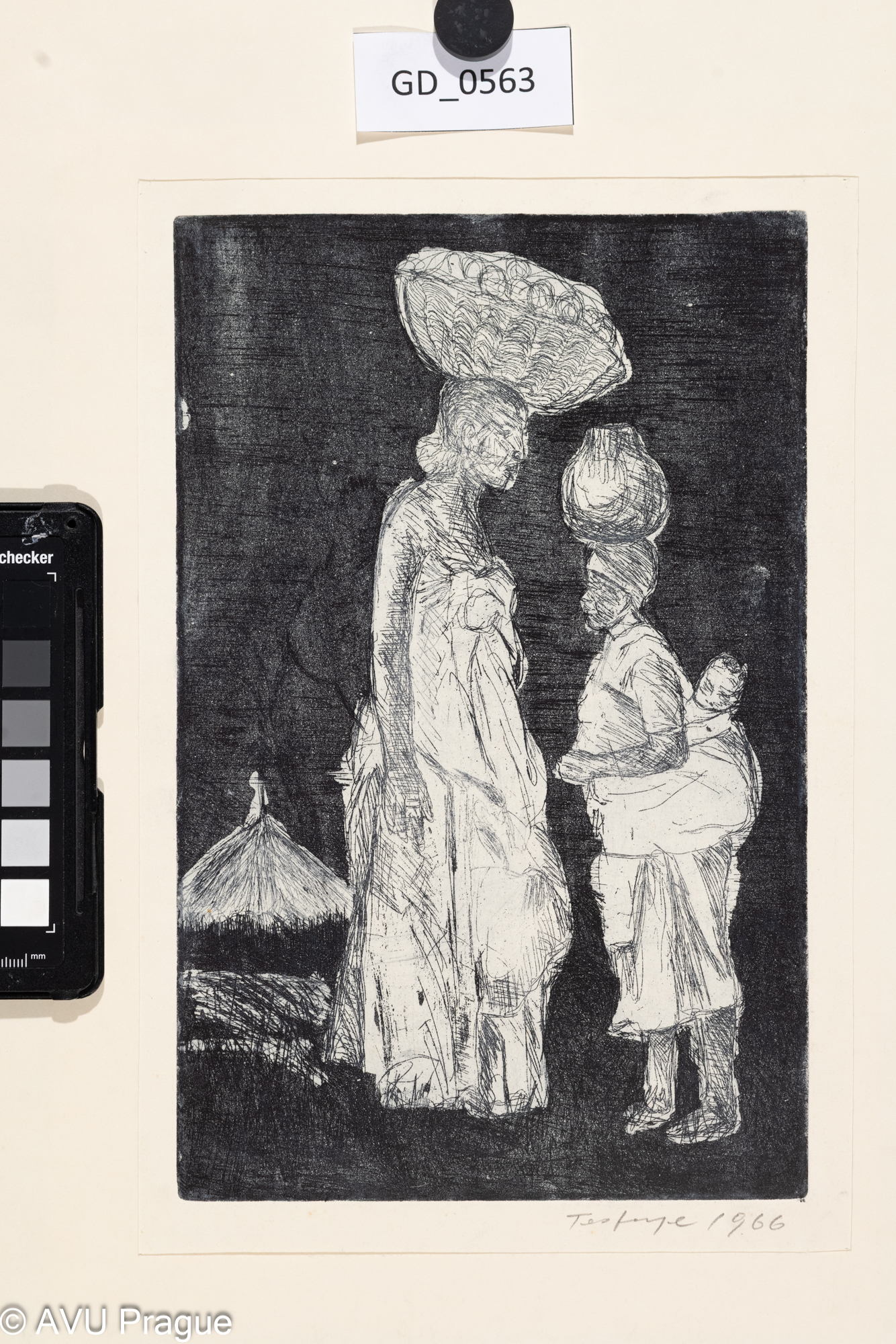 Negatu Tesfaye, Dvě postavy s nádobami na hlavách, 1966,Lept / akvatinta, 25 x 15,8,30,7 x 20,8, Tittelbach