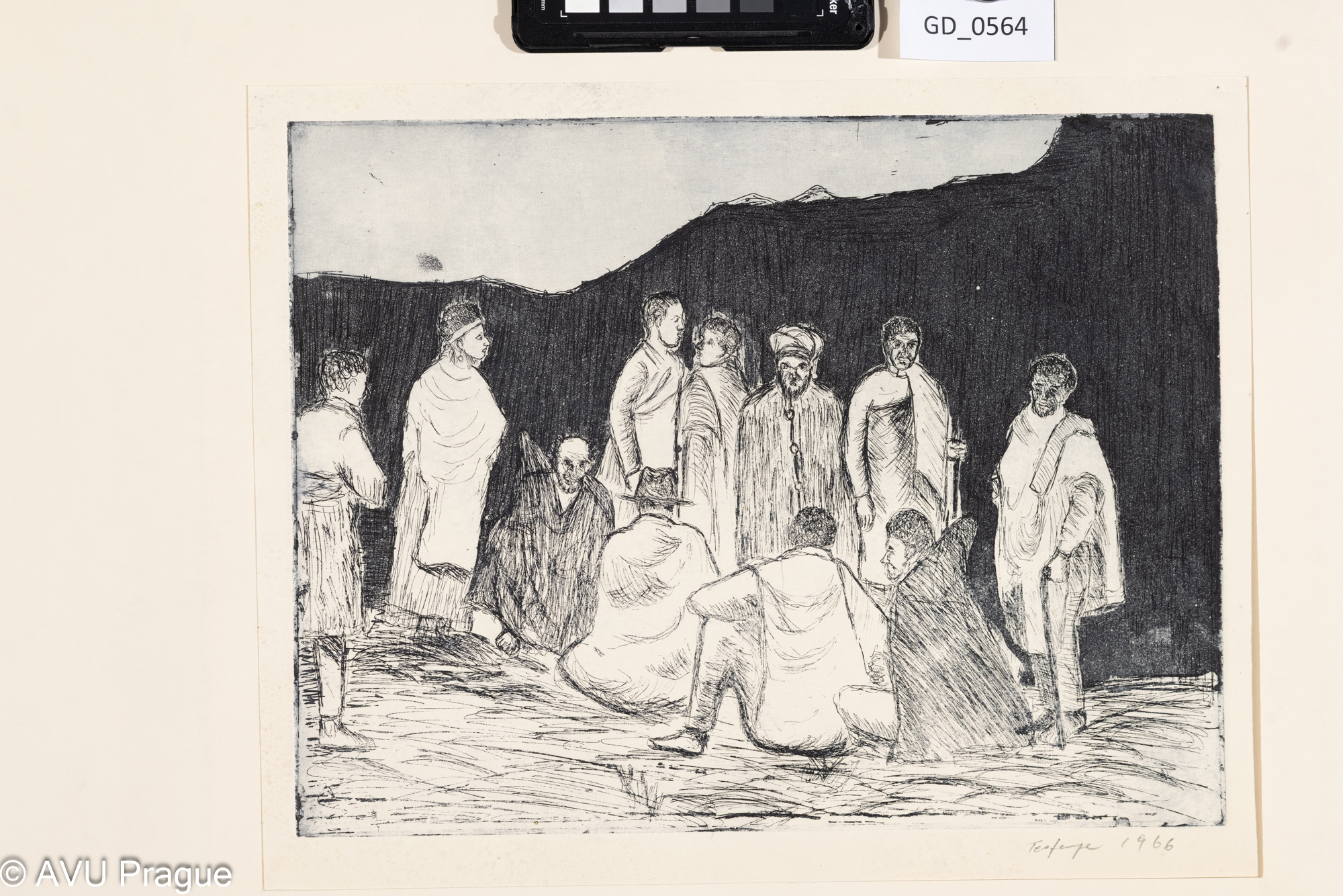 Negatu Tesfaye, Sedm stojících a čtyři sedící postavy v horách,1966, Lept / akvatinta, 24,8 x 32,3,32 x 38,7, Tittelbach