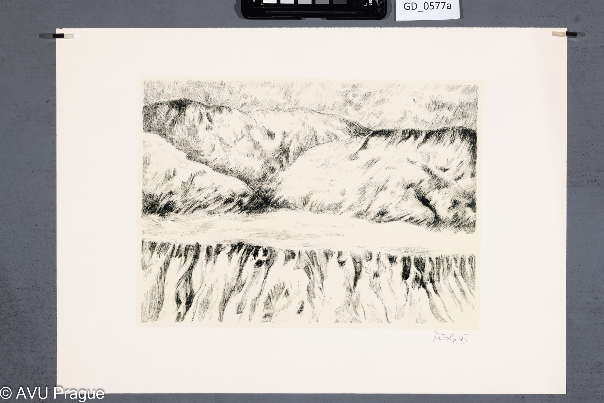 Ivan Tříska, Krajina s pohořím,1971, Litografie - podtisk, 21,5 x 29,5, 31,7 x 43,8, Čepelák