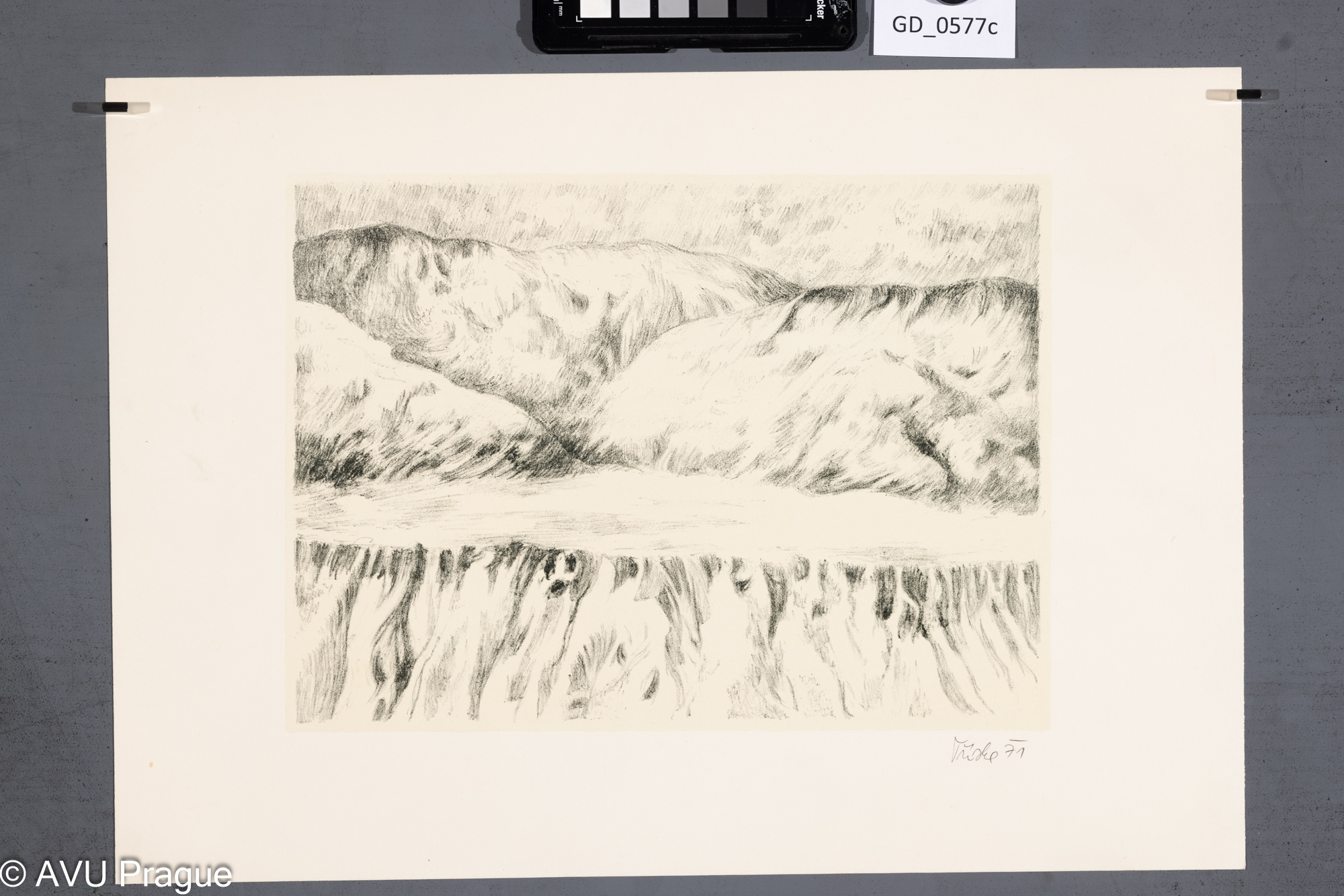 Ivan Tříska, Krajina s pohořím I.,1971, Litografie - podtisk, 21,5 x 29,5, 31 x 43,7, Čepelák