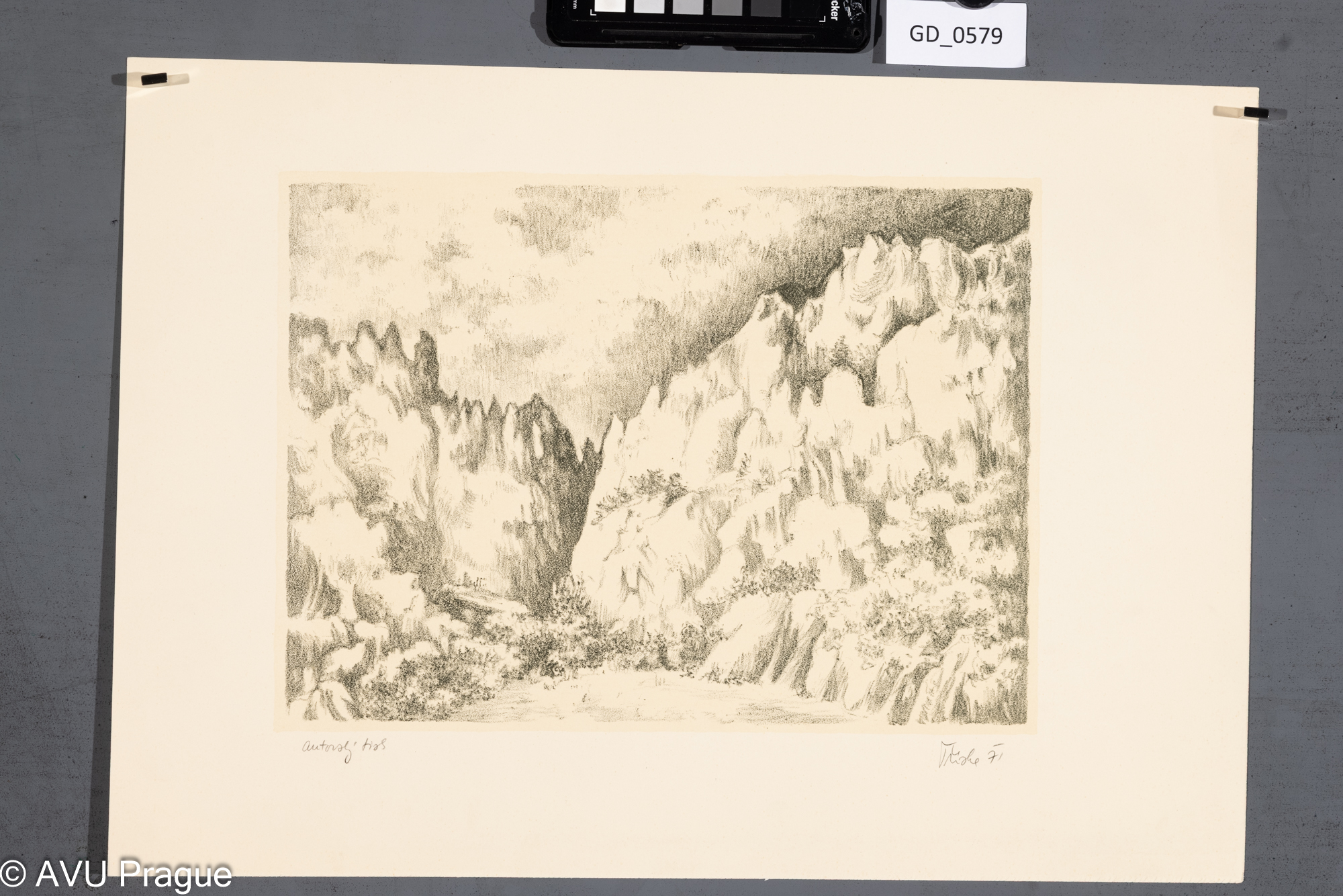 Ivan Tříska, Krajina s pohořím III.,1971, Litografie - podtisk, 22,2 x 29,5, 31 x 43,9, Čepelák