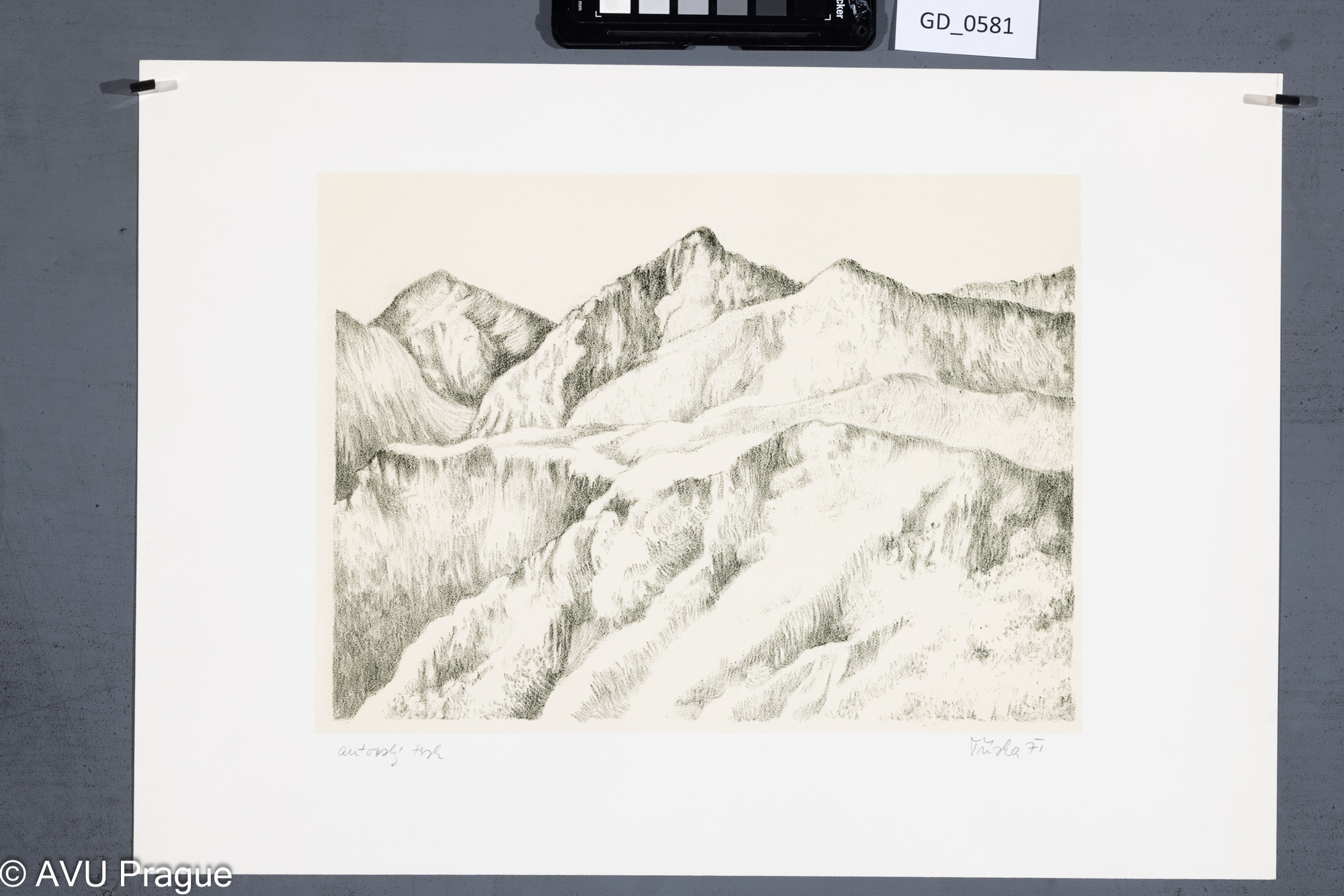 Ivan Tříska, Krajina s pohořím V.,1971, Litografie - podtisk, 21,6 x 29,6, 31,3 x 44,2, Čepelák