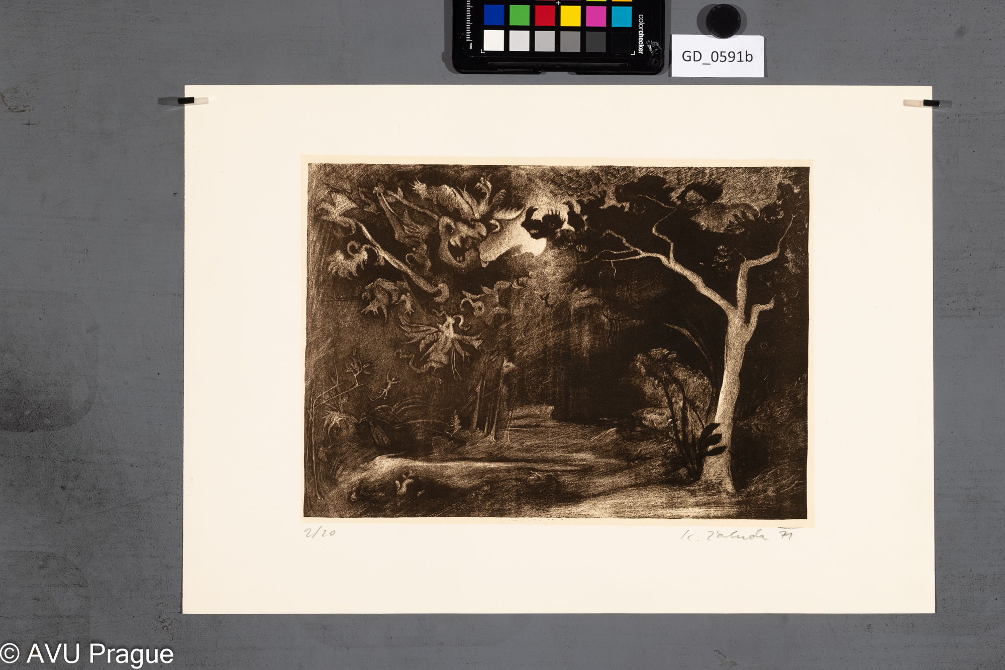 Karel Žaluda, Maxim Gorkij Danko - Ilustrace - příšery v lese, 1971, Litografie - škrábaná,20,9 x 29,5, 31,2 x 44,3, Čepelák