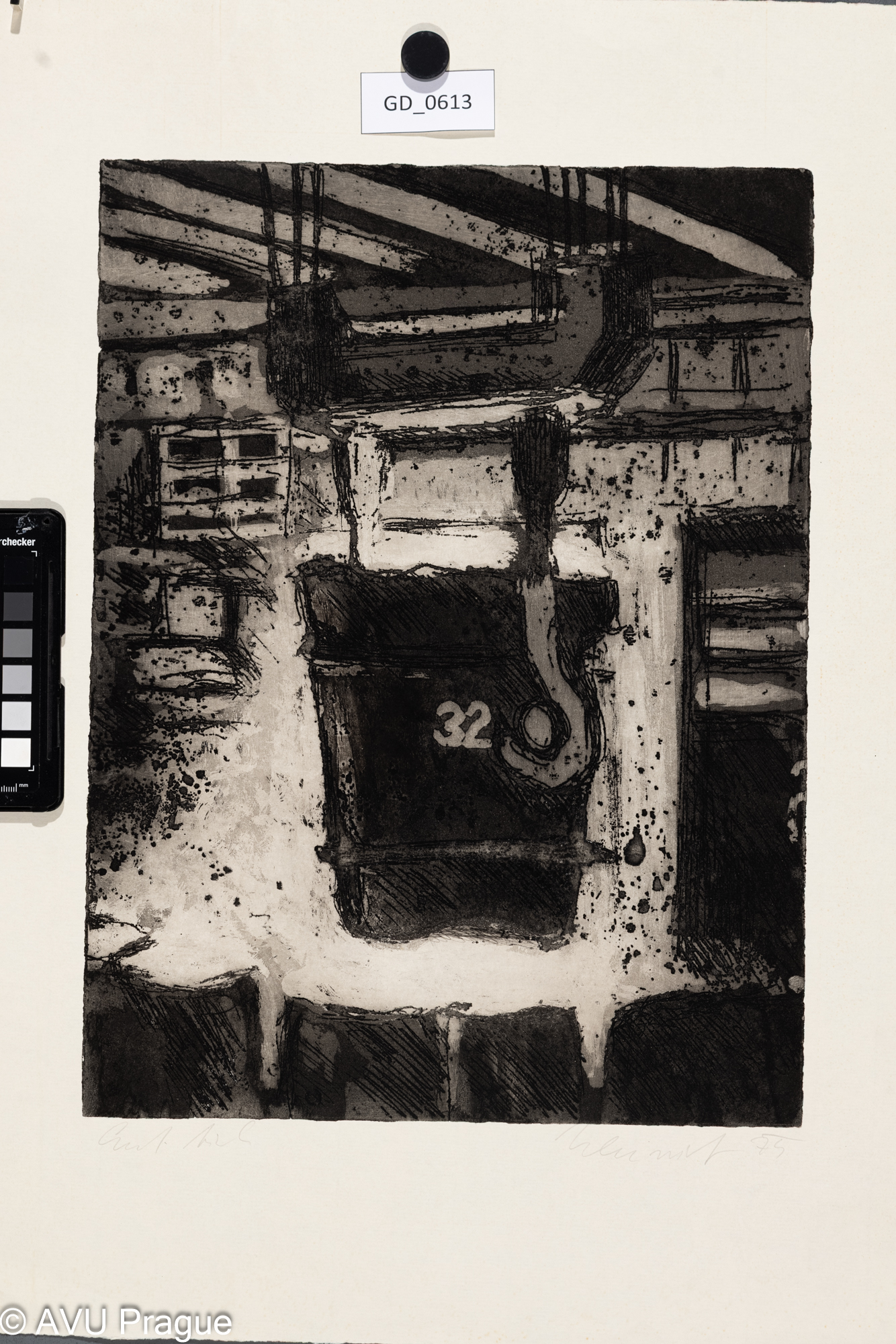 Vladimír Neuwirt, V továrně - pánev 32, 1974, Lept / akvatinta, 39,6 x 29,4, 55,3 x 43, Čepelák