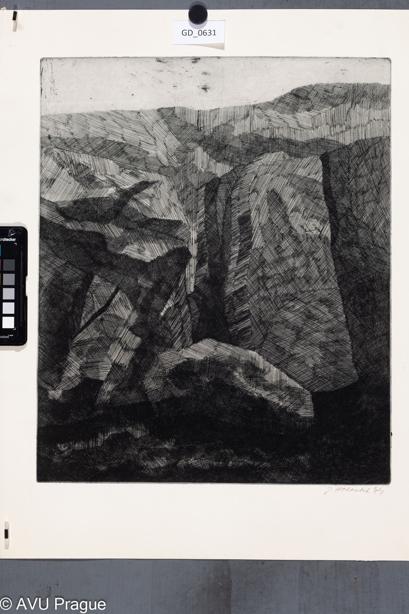 Jan Holoubek, Abstraktní motiv II. - kamenné struktury, 1974, Lept , 44,5 x 37, 57,3 x 46,7, Čepelák