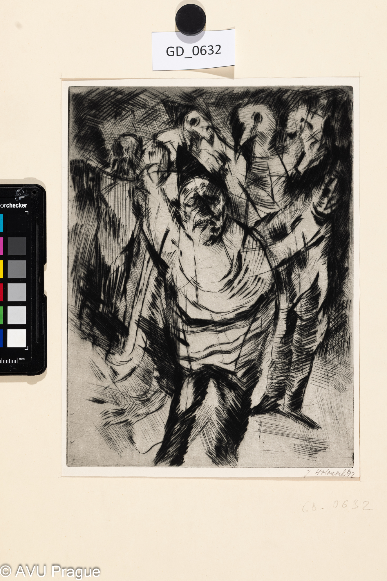 Jan Holoubek, Zástup v maskách,1972, Suchá jehla, 24,9 x 18,7,40,5 x 29,6, Čepelák