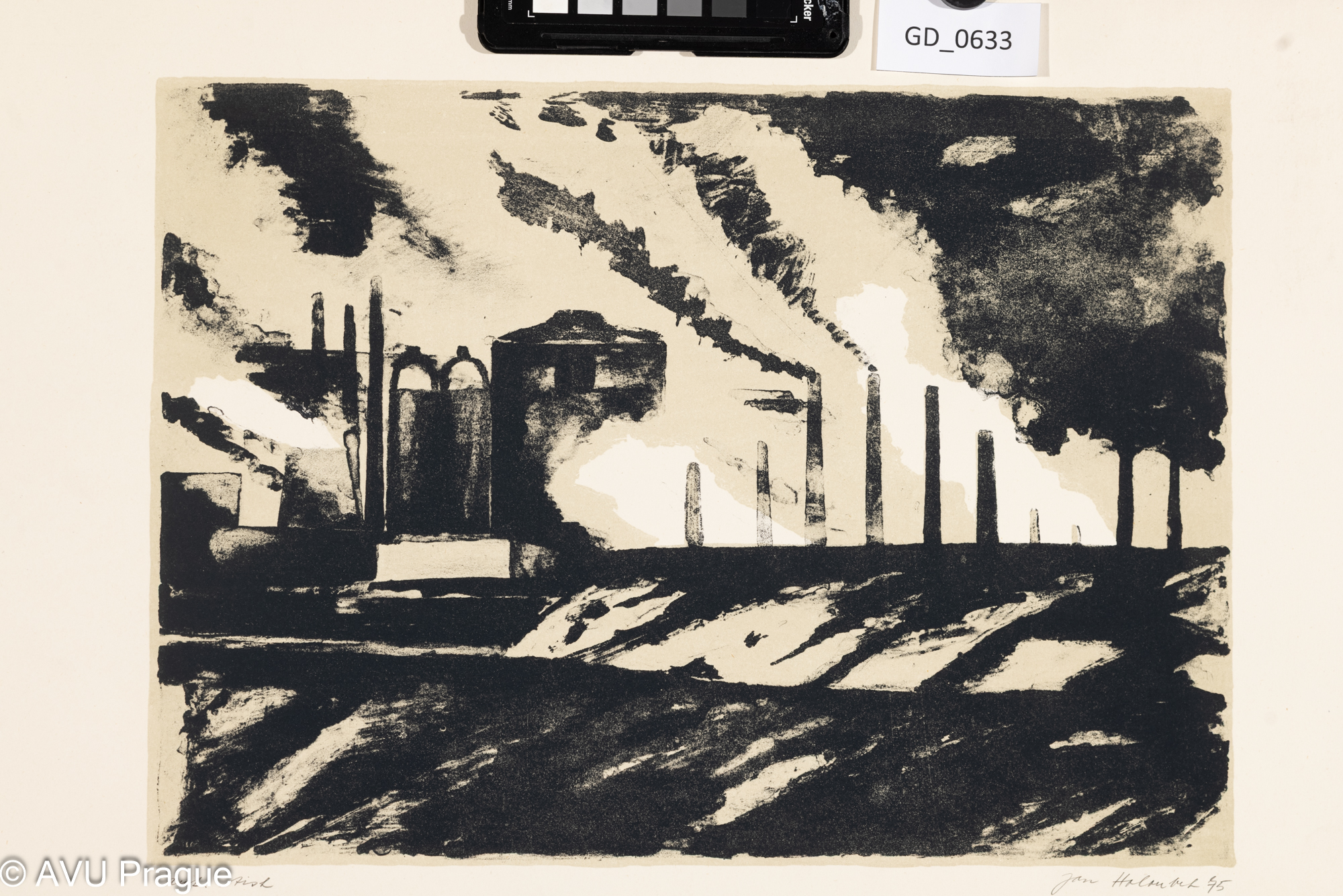 Jan Holoubek, Továrna, 1975,Litografie dvoubarevná, 26,3 x 36,5, 44,5 x 54,5, Čepelák