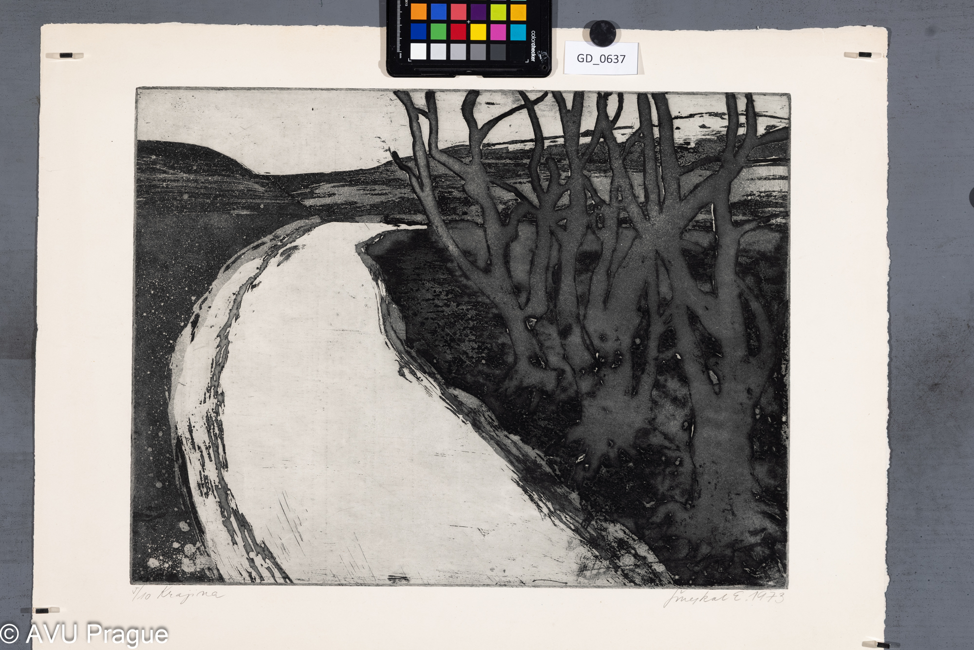 Emil Šmejkal, Krajina II., 1973,Akvatinta / rezerváž, 37,5 x 49,7,47,6 x 64,3, Čepelák