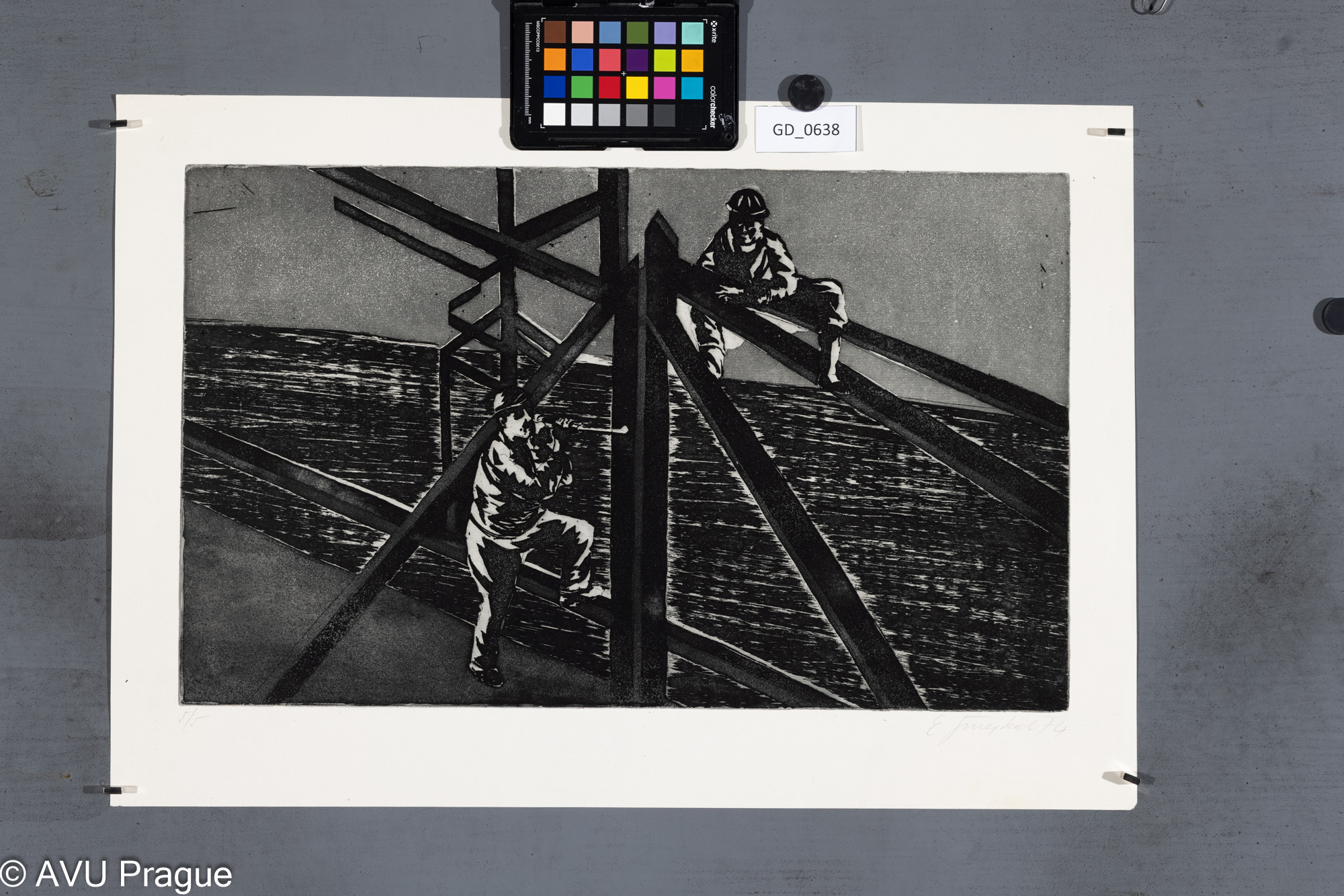 Emil Šmejkal, Dělníci, 1974,Akvatinta, 29,6 x 48,2, 38,6 x 55,9,Čepelák