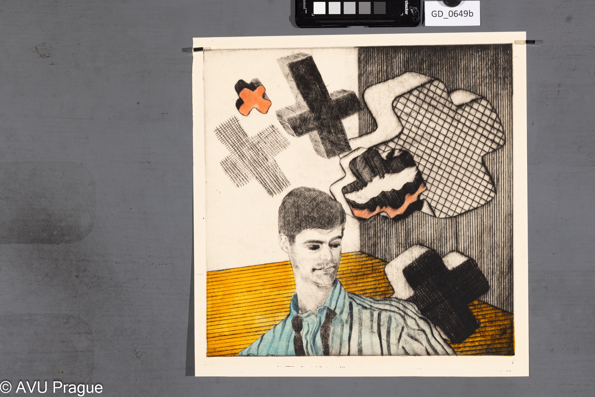 Bohdan Jelínek?, Mužská figura a abstraktní motivy křížků,Suchá jehla - kolorováno, 30,9 x 30,6, 33,9 x 33,3, Čepelák