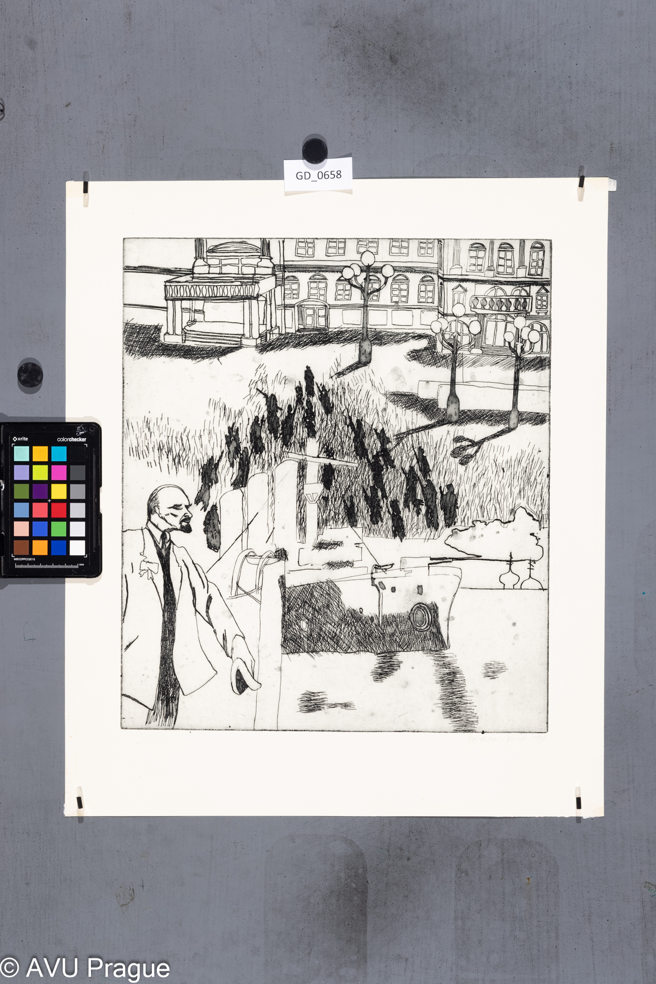 Bohdan Jelínek, VŘSR - cyklus V. - Lenin před zimním palácem,1974, Lept , 39,3 x 34,3, 50,9 x 43,1, Čepelák