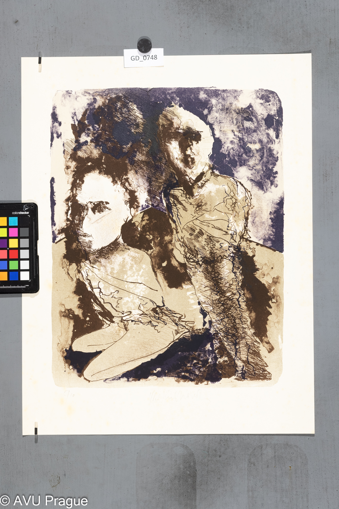 Vladímír ..., Dvě figury , 1971,Litografie 3 barvy- tuž - podtisk,41,3 x 32, 52,2 x 40,1