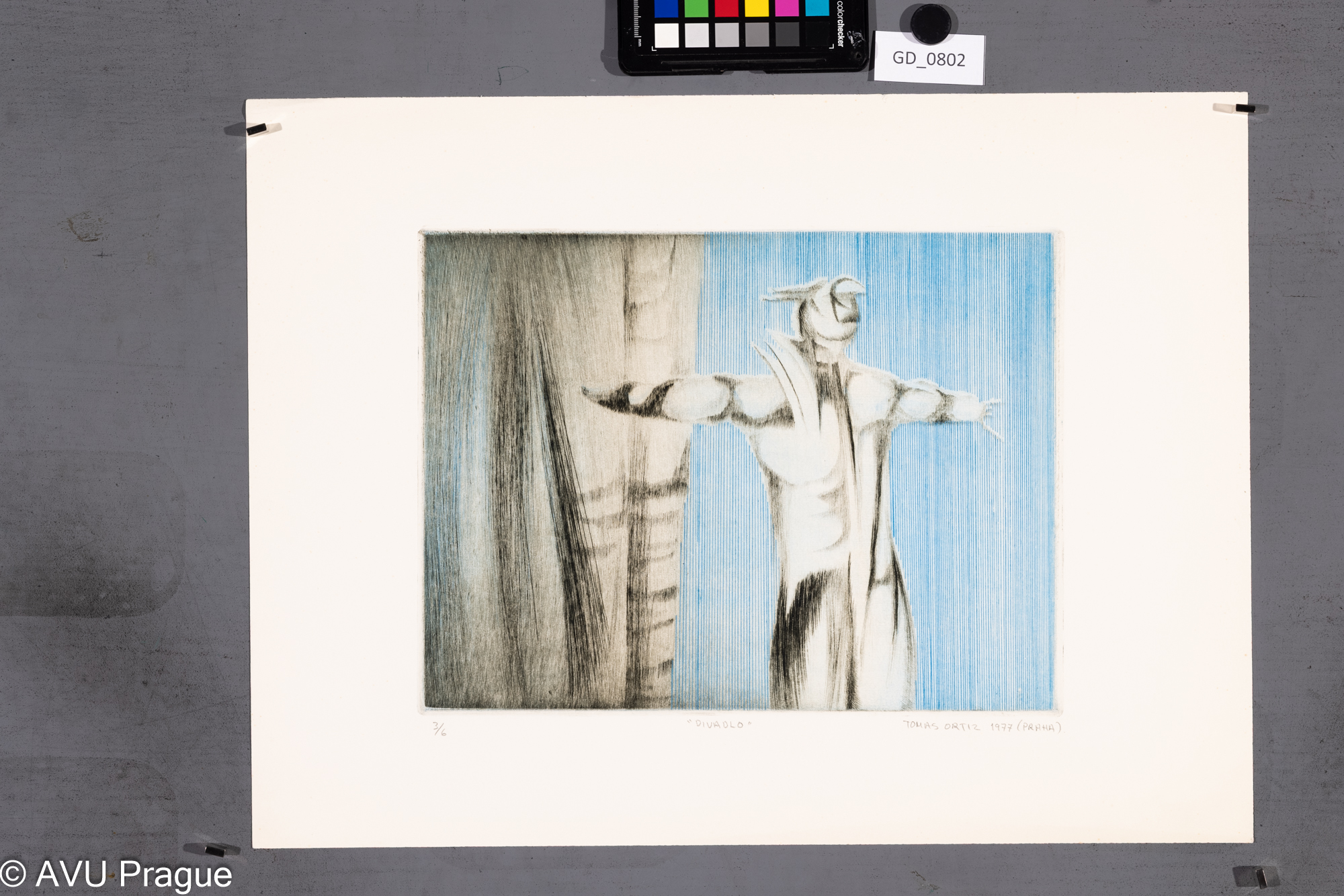 Tomas Ortiz, Divadlo,1977, Suchá jehla, dvě barvy, 24,5 x 32,3,37,4 x 50,
Čepelák (zahraniční stážista)