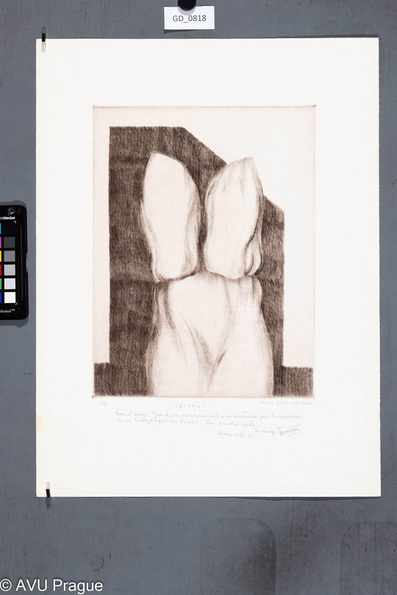 Tomas Ortiz, Vyznání,1977, Suchá jehla, 32 x 24,3, 50,2 x 37,7,
Čepelák (zahraniční stážista)