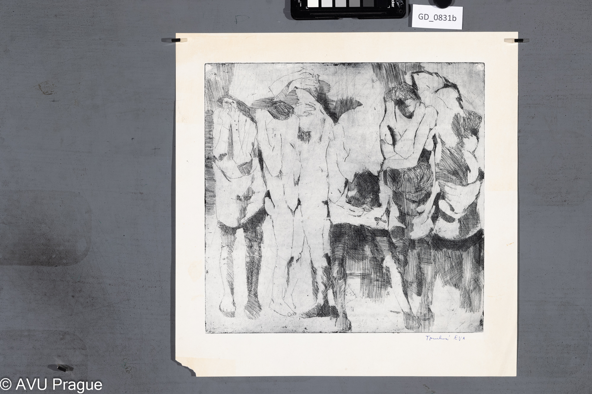 Eva Tomková, Obnažené postavy, 70. léta, Lept, 29,7 x 30,2, 37,5 x 37,3, Jiroudek