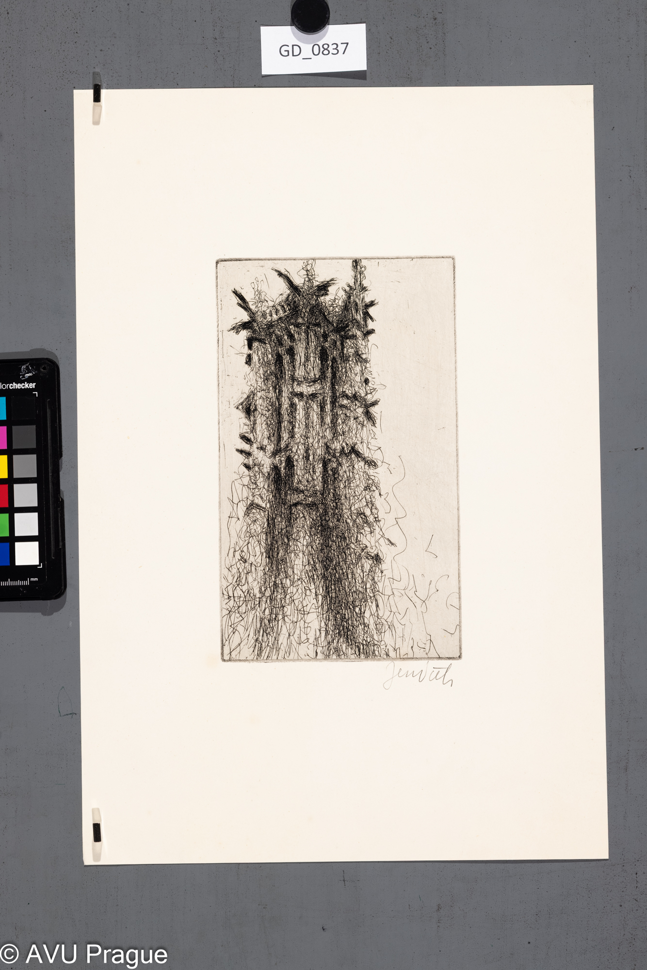 Antonín Jeníček, Sakrální motiv, 60.léta, Lept, 21,1 x 12,5, 40,2 x 27,2, Cubr