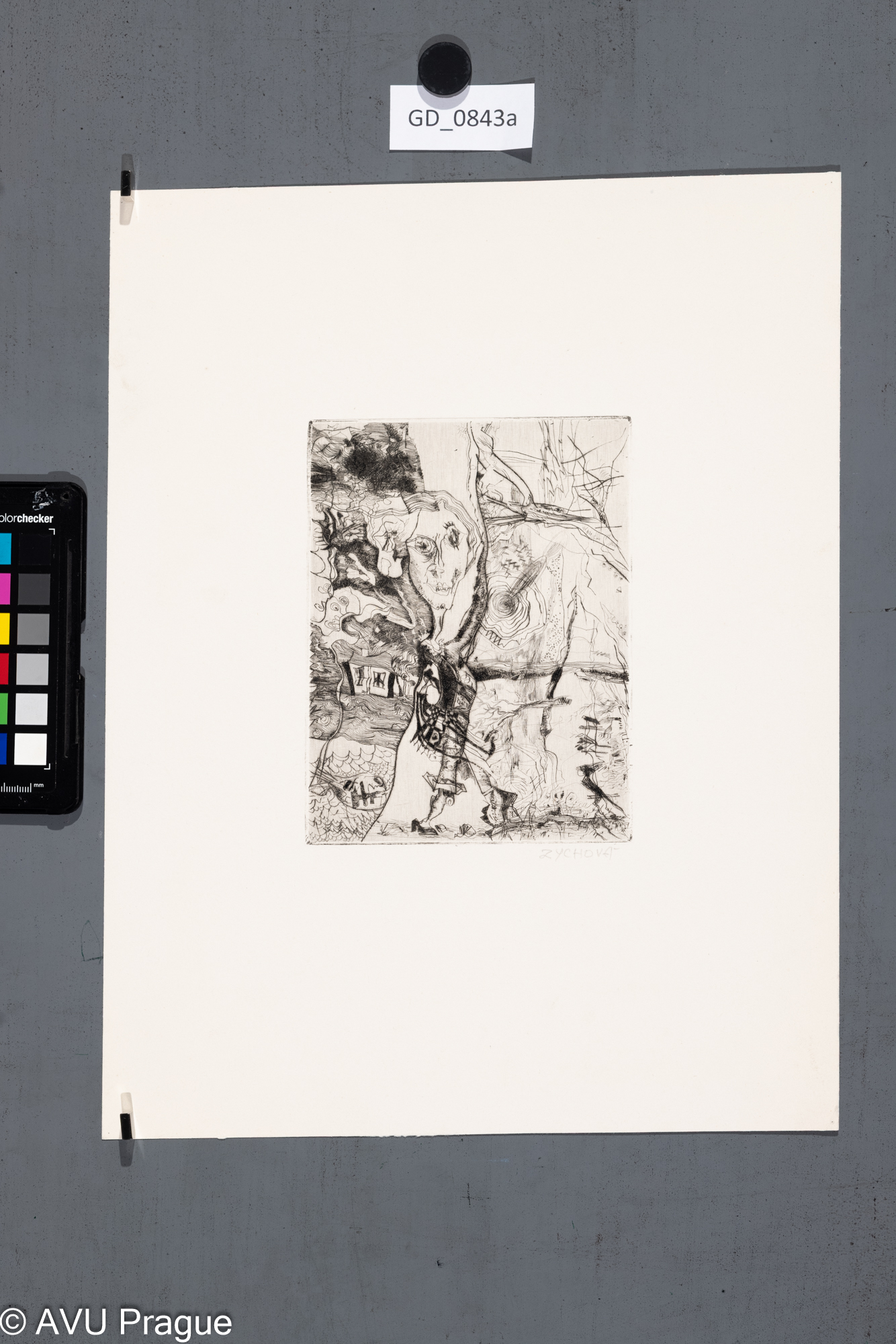 Miroslava Zychová, Ženská postava v krajině s domem, 60.léta, Suchá jehla, 16 x 12,3,35,9 x 27,6, Souček