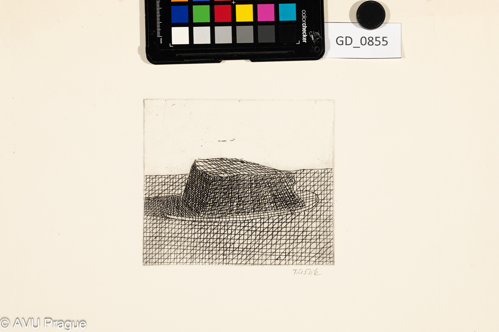 Jiří Třeštík, Kloubouk, 70. léta,Lept, 11,7 x 13,4, 30 x 37,5,Ondráček